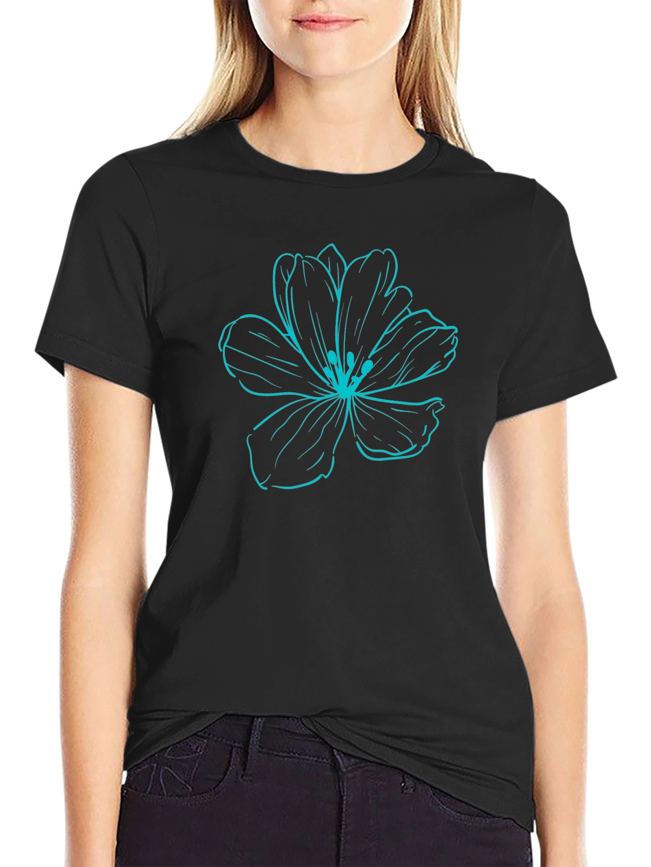 Black T-Shirt with Blue Flower Graphic
