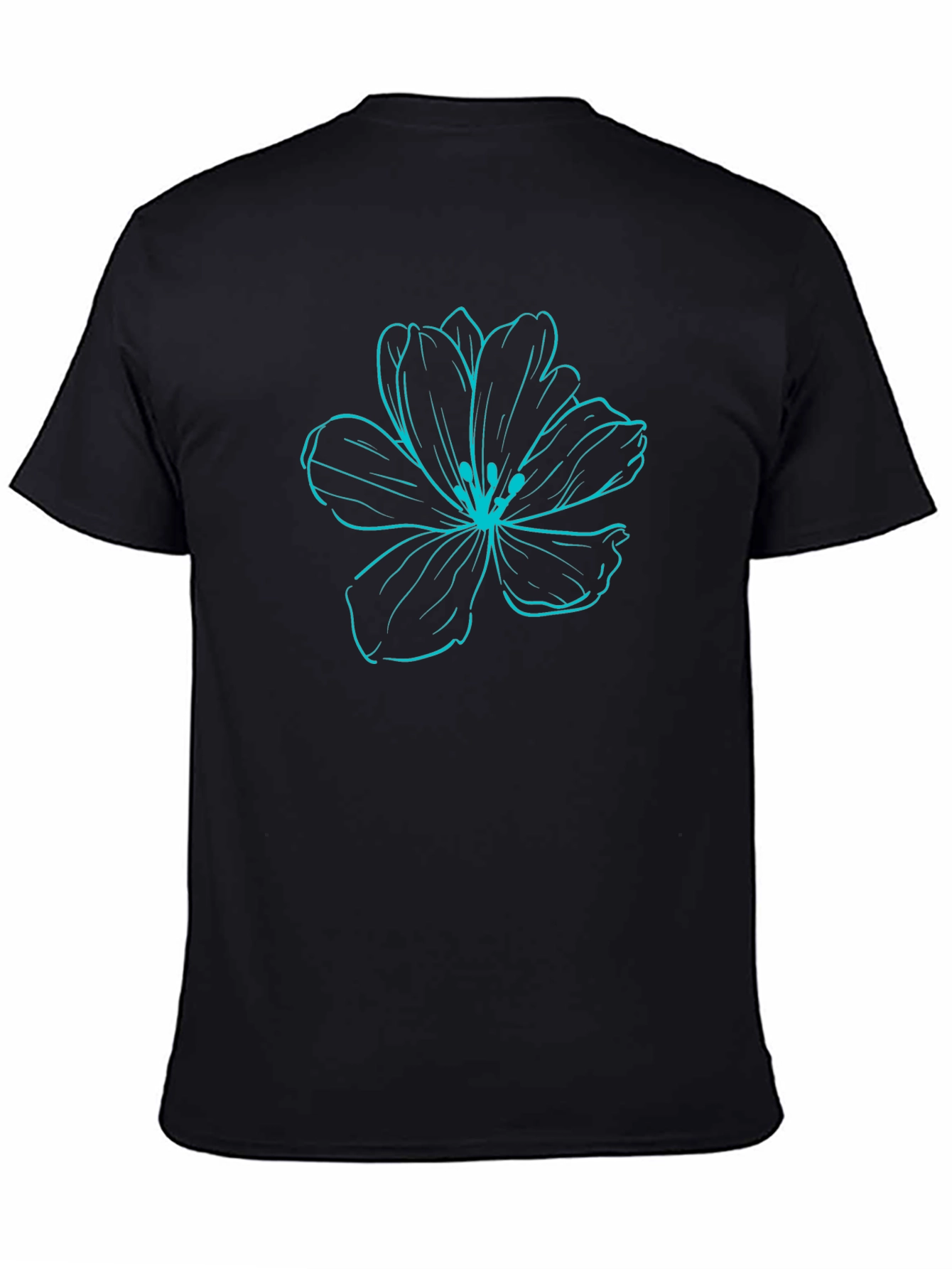Black T-Shirt with Blue Flower Graphic