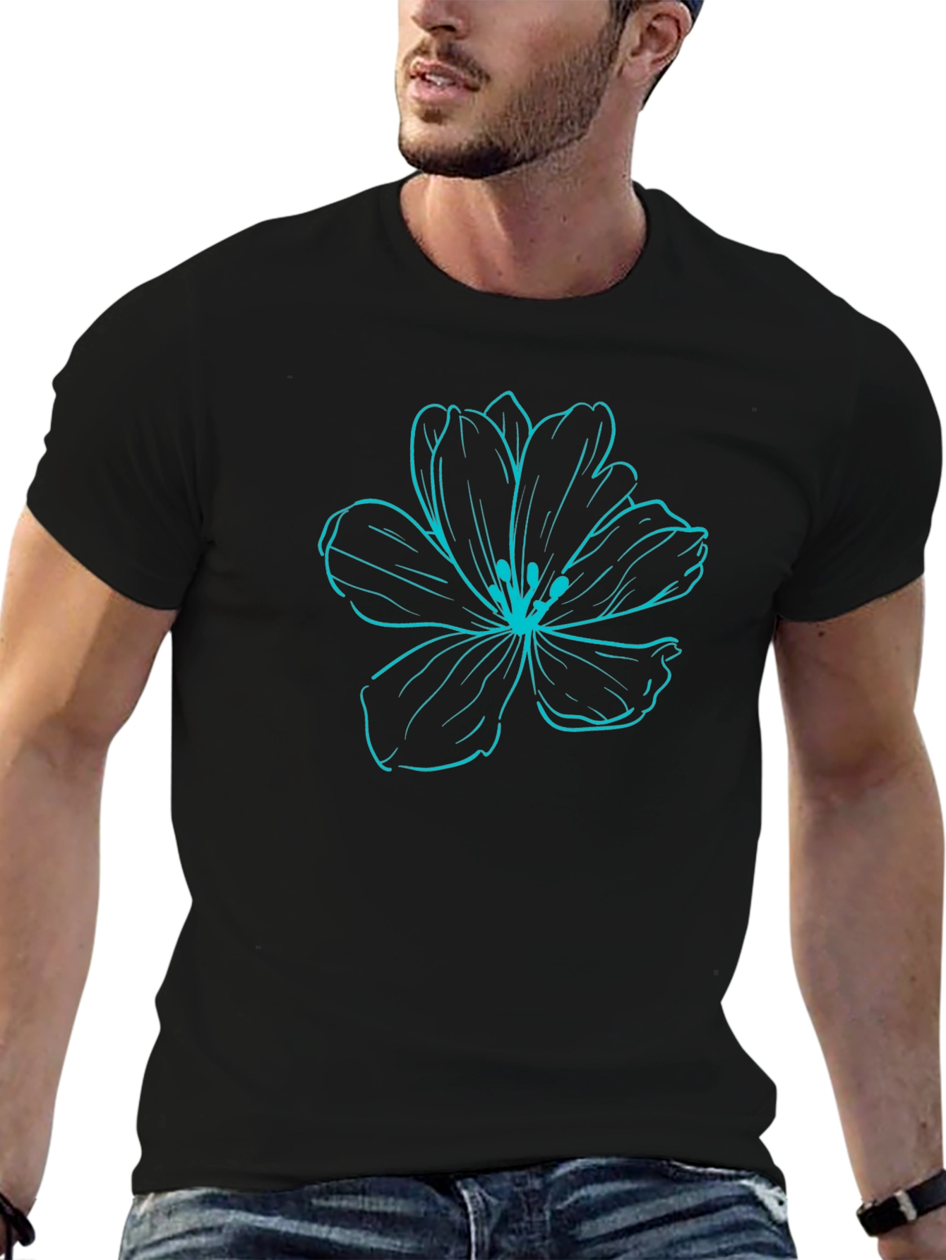 Black T-Shirt with Blue Flower Graphic
