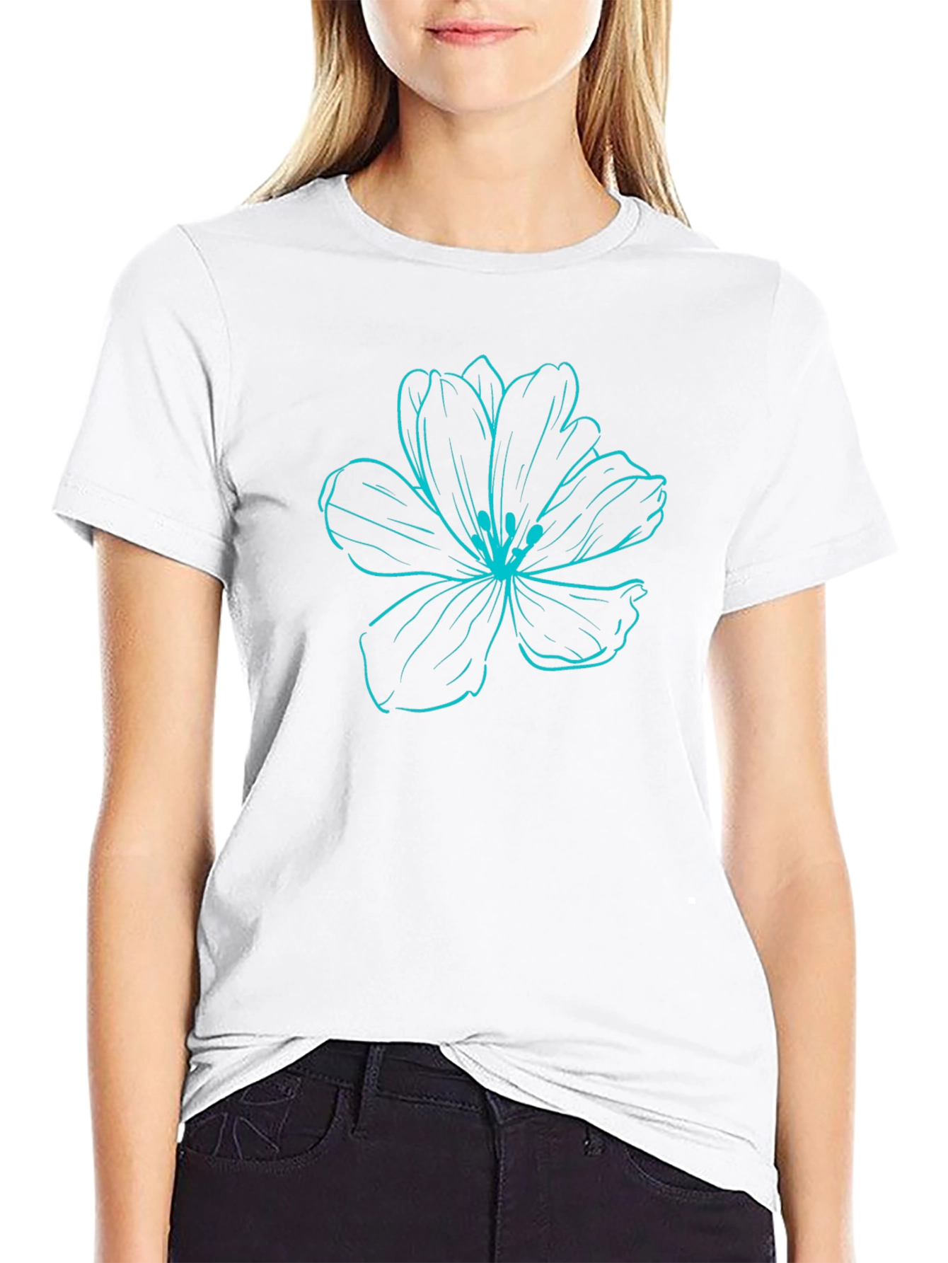 Black T-Shirt with Blue Flower Graphic