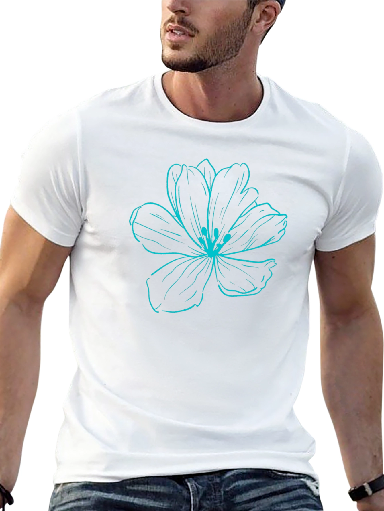 Black T-Shirt with Blue Flower Graphic