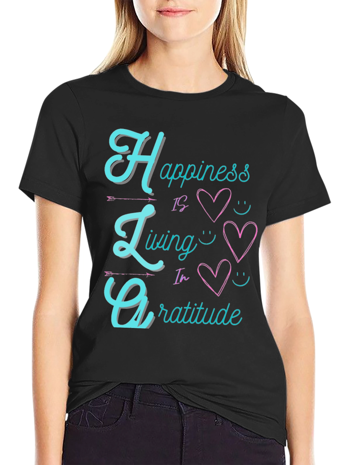 Happiness Living Gratitude Black T-Shirt