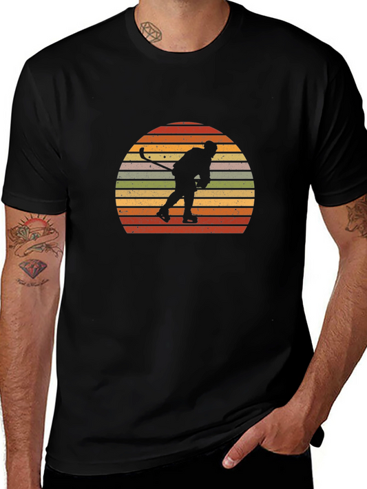 Retro Hockey Player Sunset Graphic Tee - Black Cotton T-Shirt