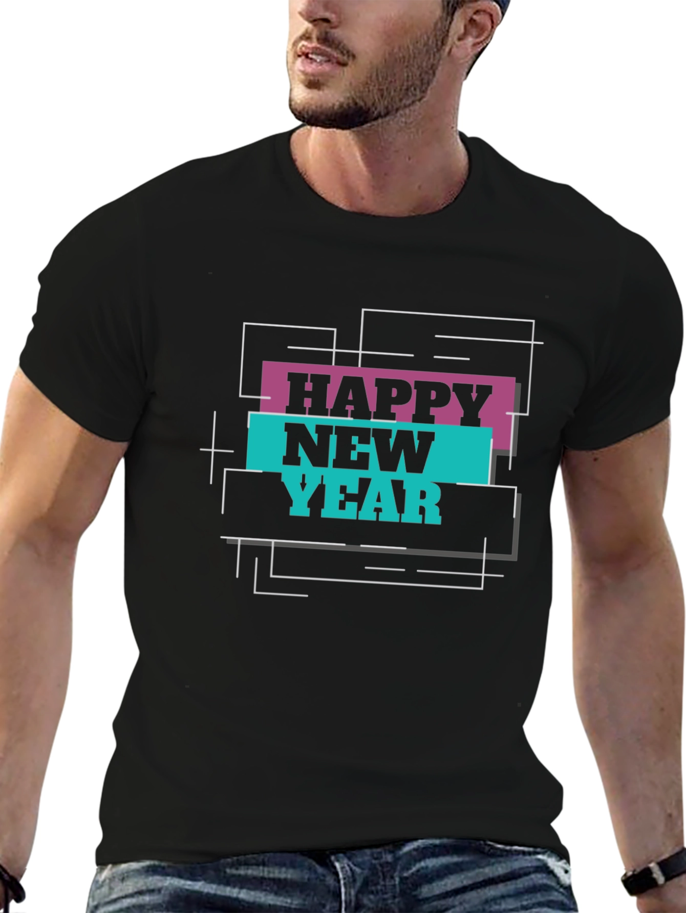 Happy New Year Graphic Print Black T-Shirt