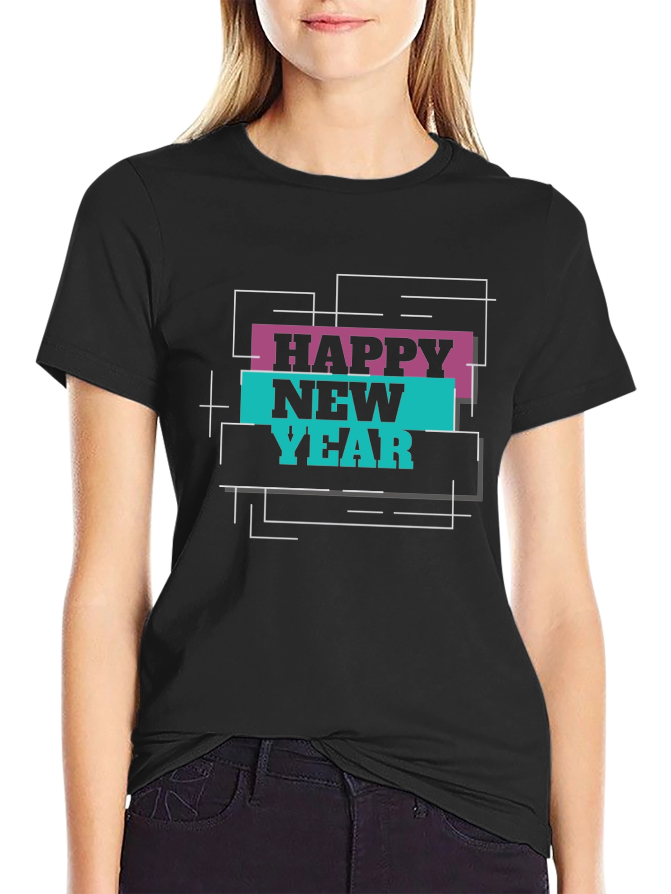 Happy New Year Graphic Print Black T-Shirt