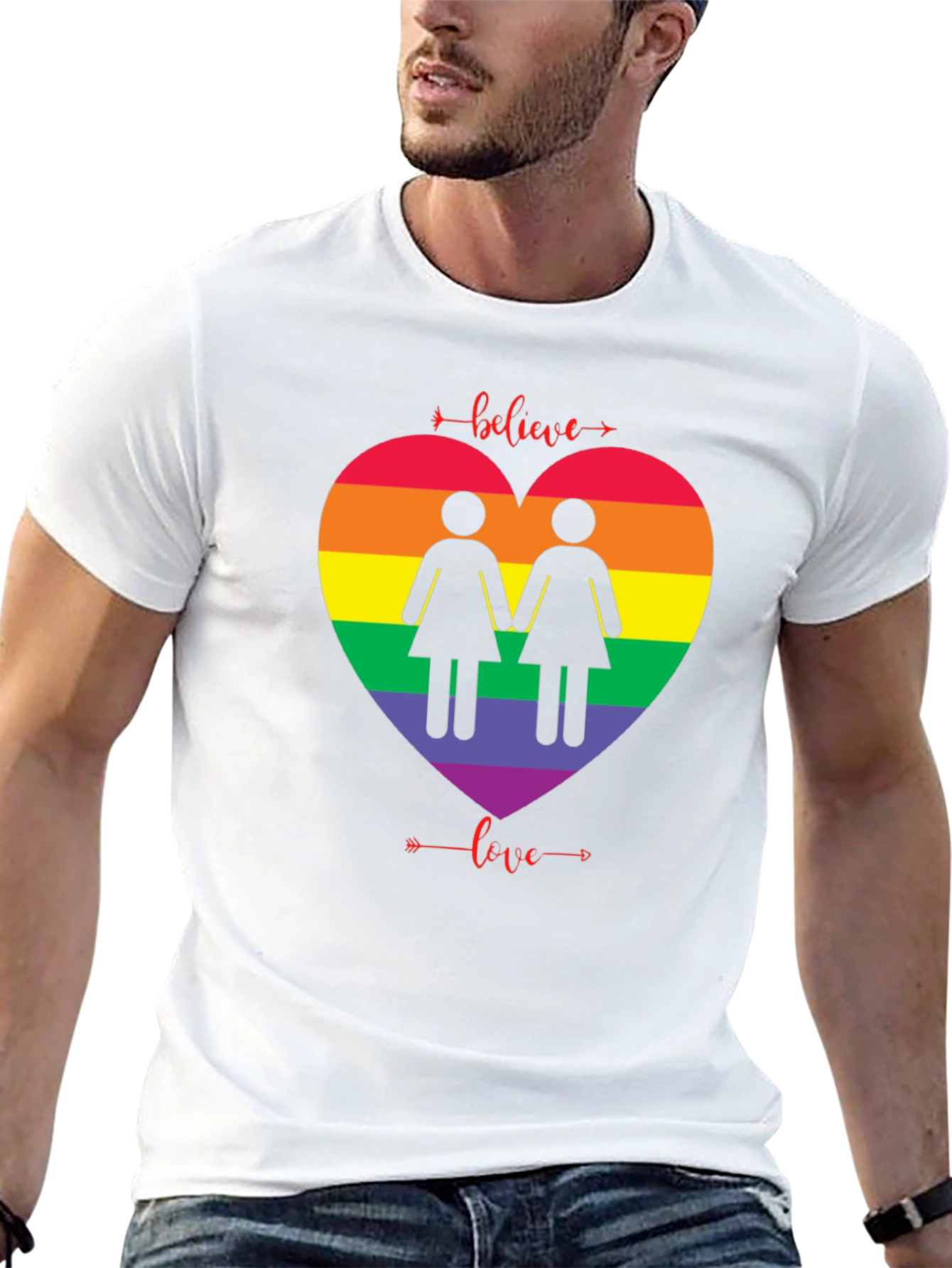 Believe Love Rainbow Heart Lesbian T-Shirt
