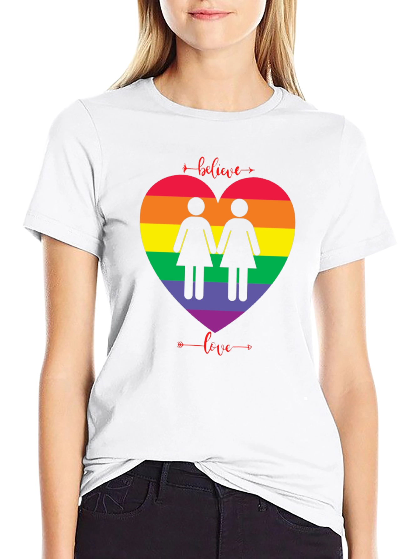 Believe Love Rainbow Heart Lesbian T-Shirt