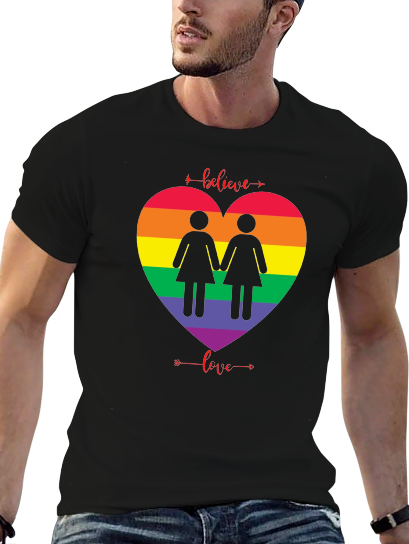 Believe Love Rainbow Heart Lesbian T-Shirt
