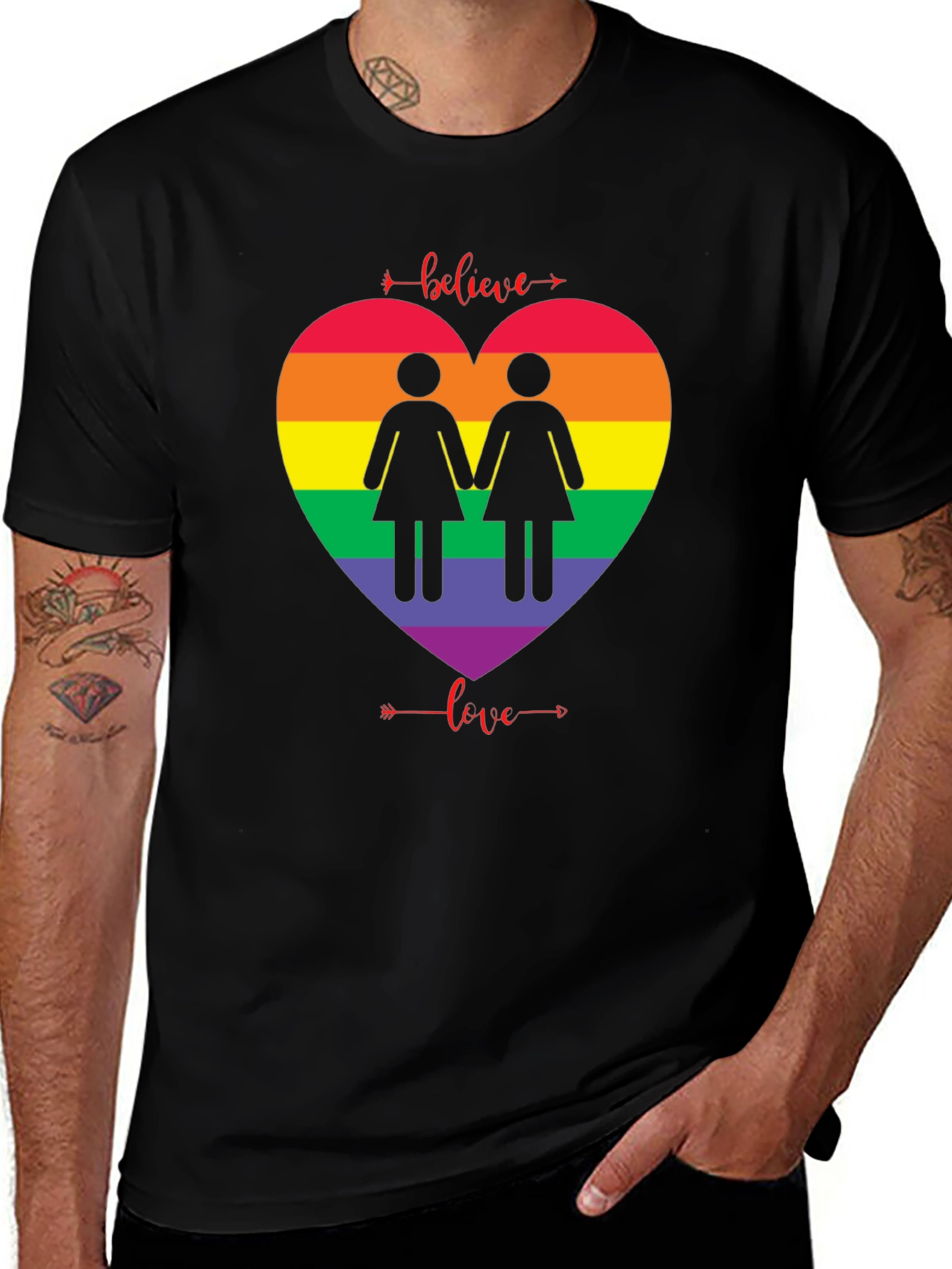 Believe Love Rainbow Heart Lesbian T-Shirt