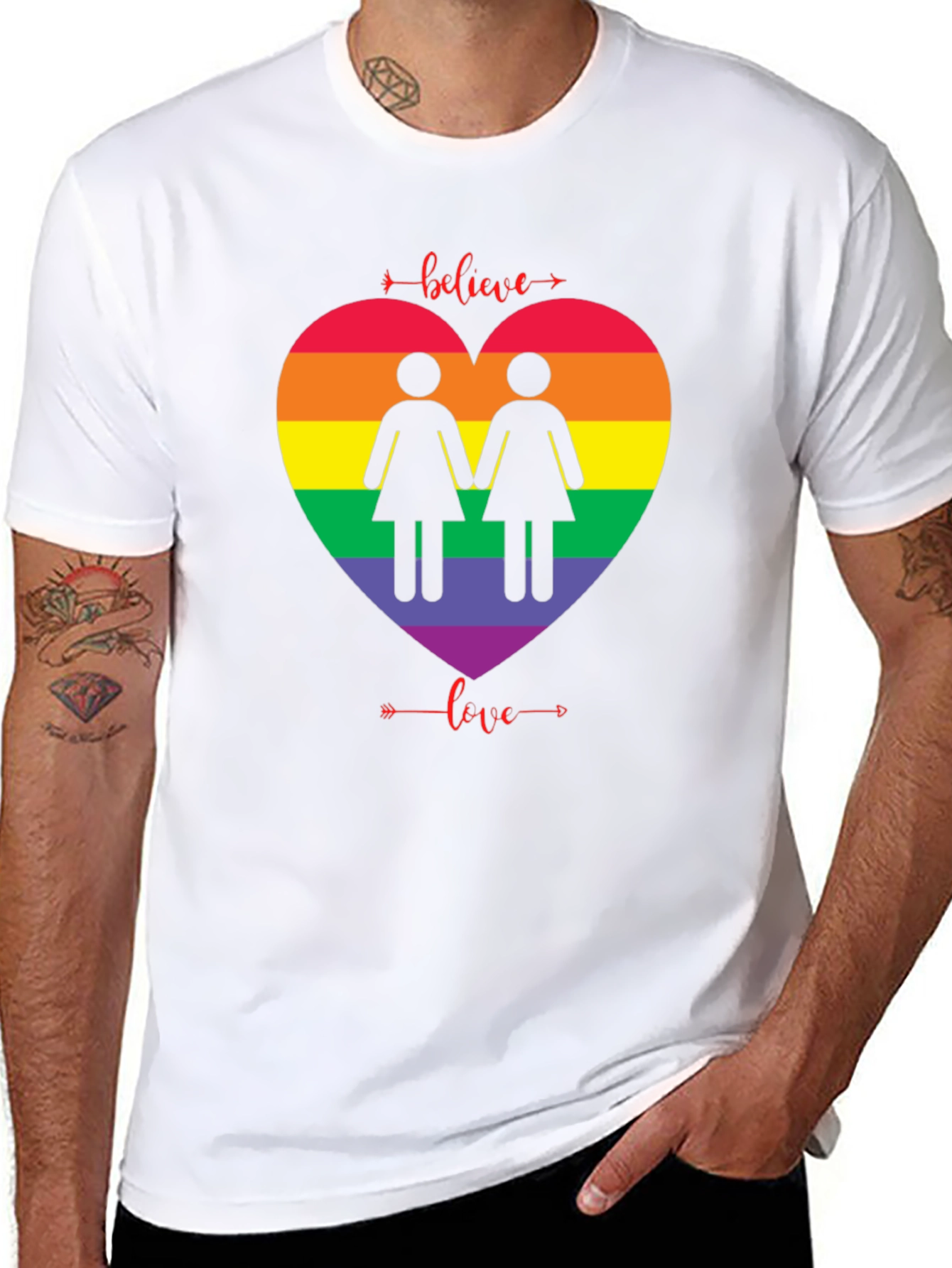 Believe Love Rainbow Heart Lesbian T-Shirt