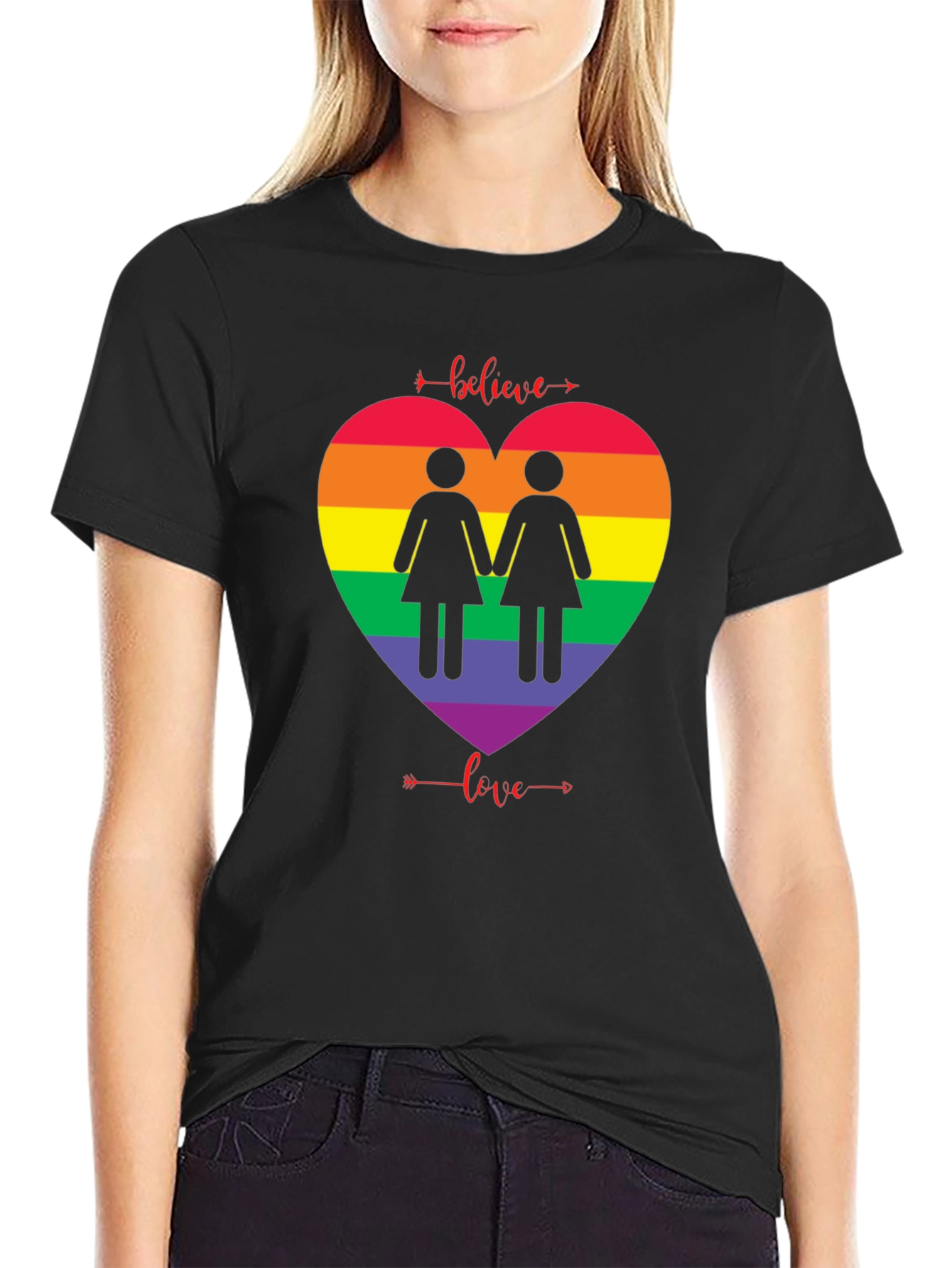 Believe Love Rainbow Heart Lesbian T-Shirt