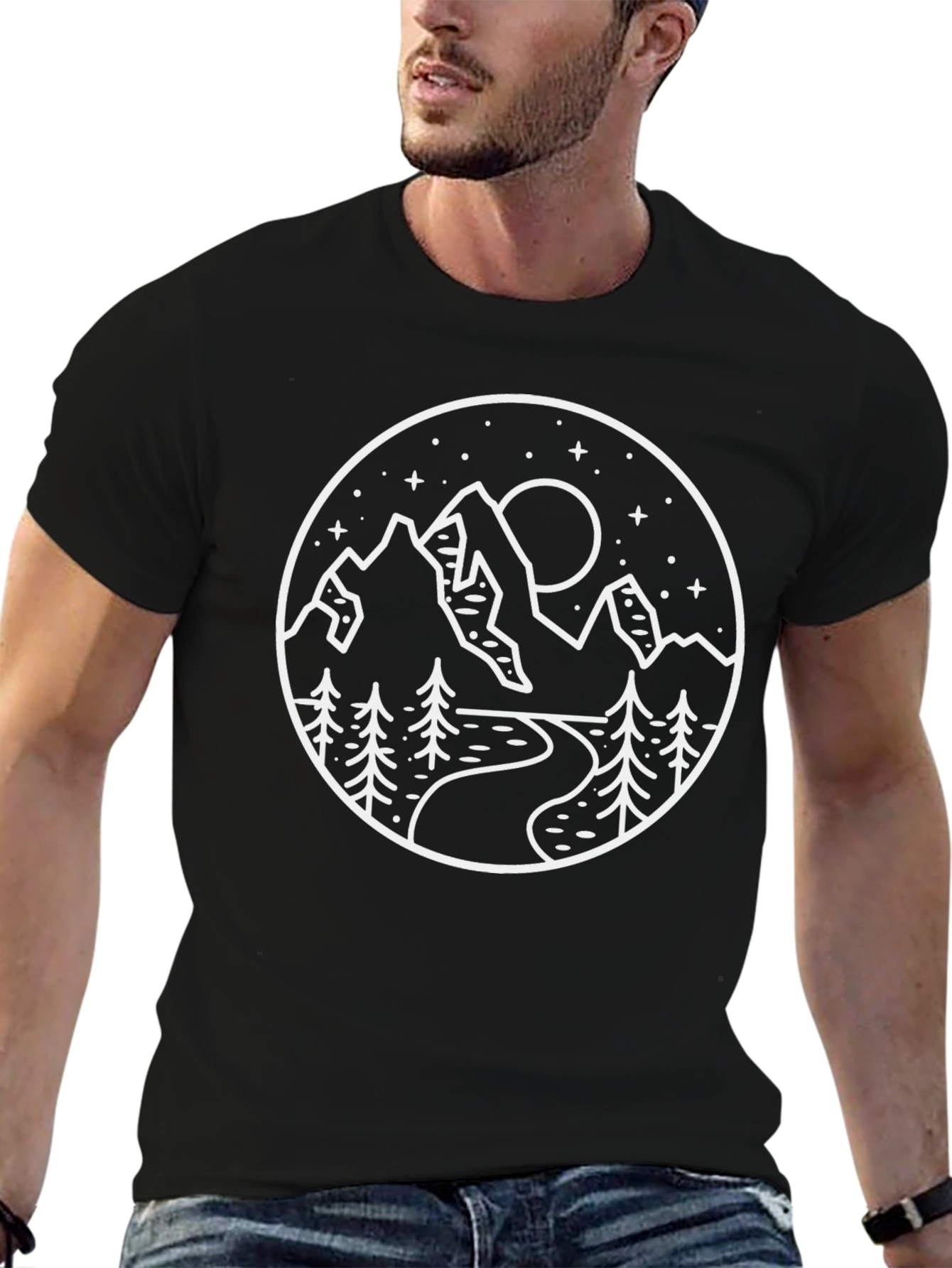 Nature Scene Graphic Tee - Black Crew Neck