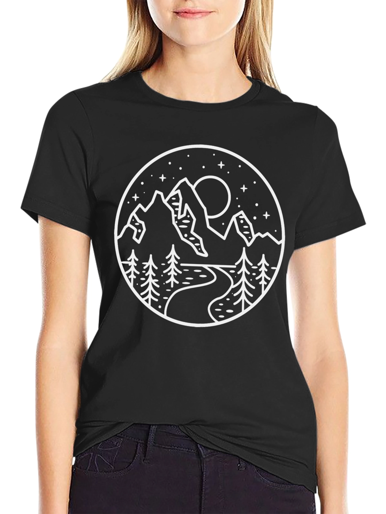 Nature Scene Graphic Tee - Black Crew Neck