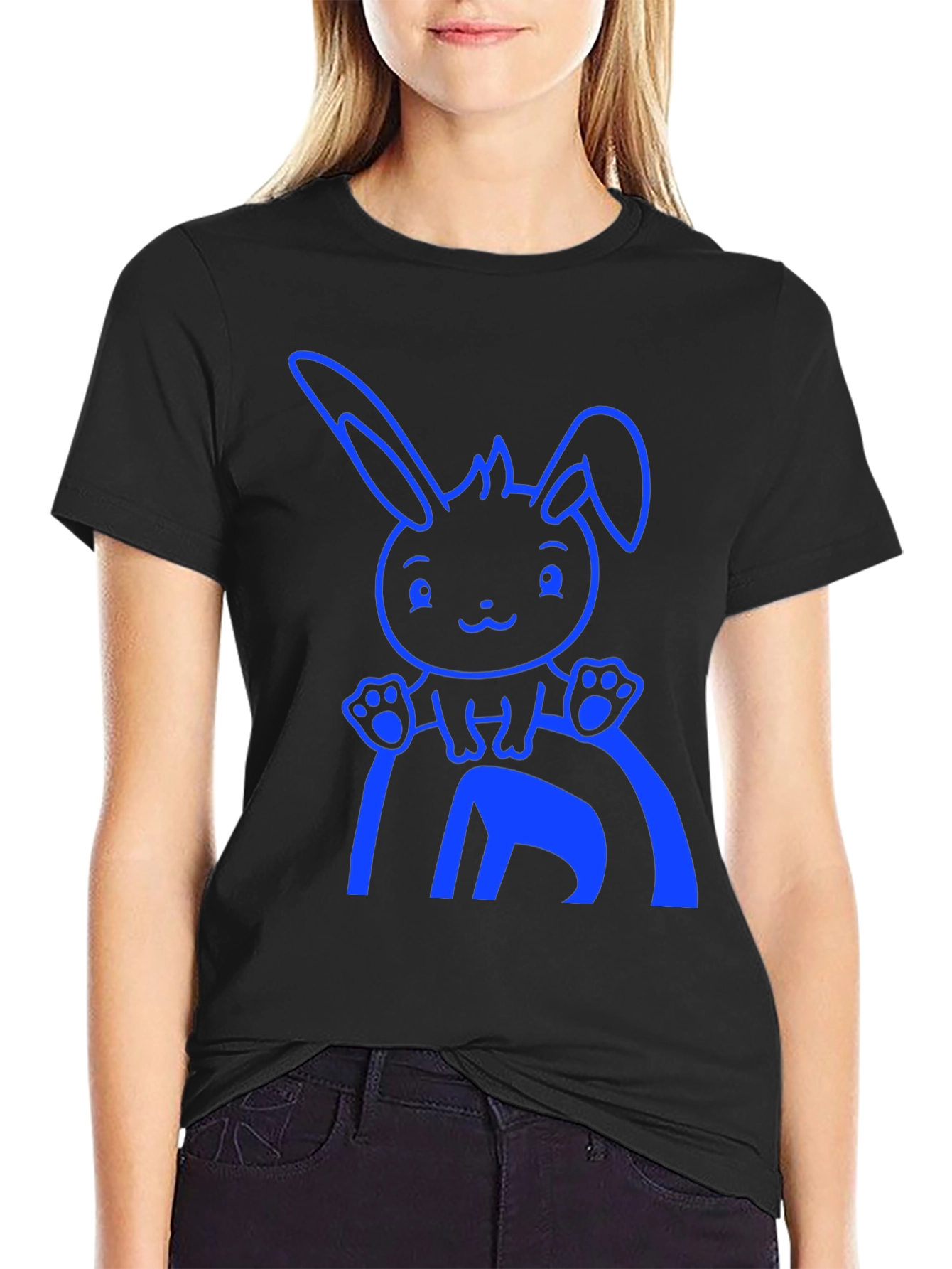 Cute Bunny Graphic Tee - Black Cotton Blend Shirt