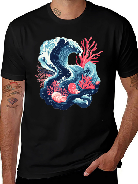 Ocean Wave Coral Reef Graphic Tee - Black