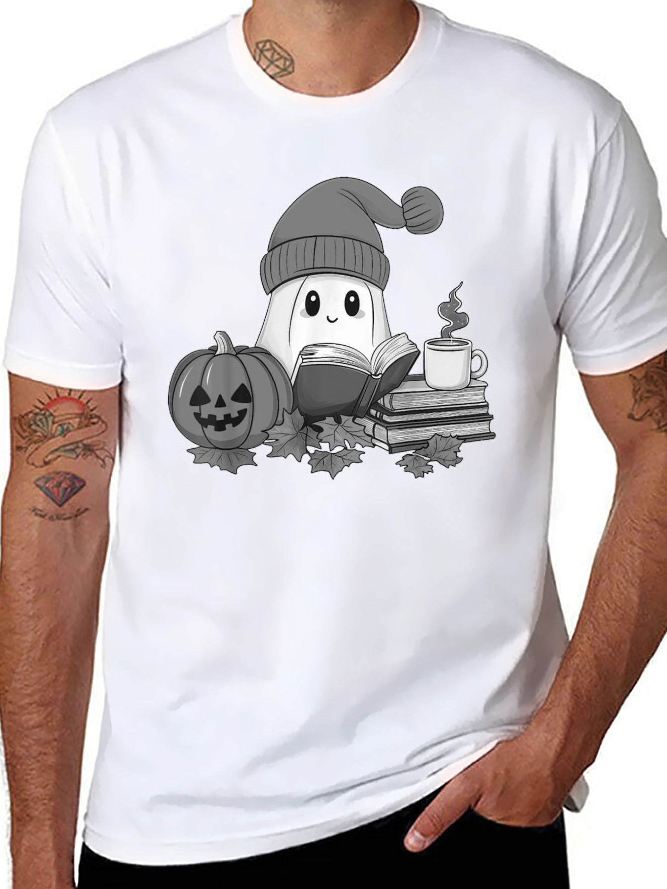 Cozy Ghost Reading T-Shirt - Halloween Apparel