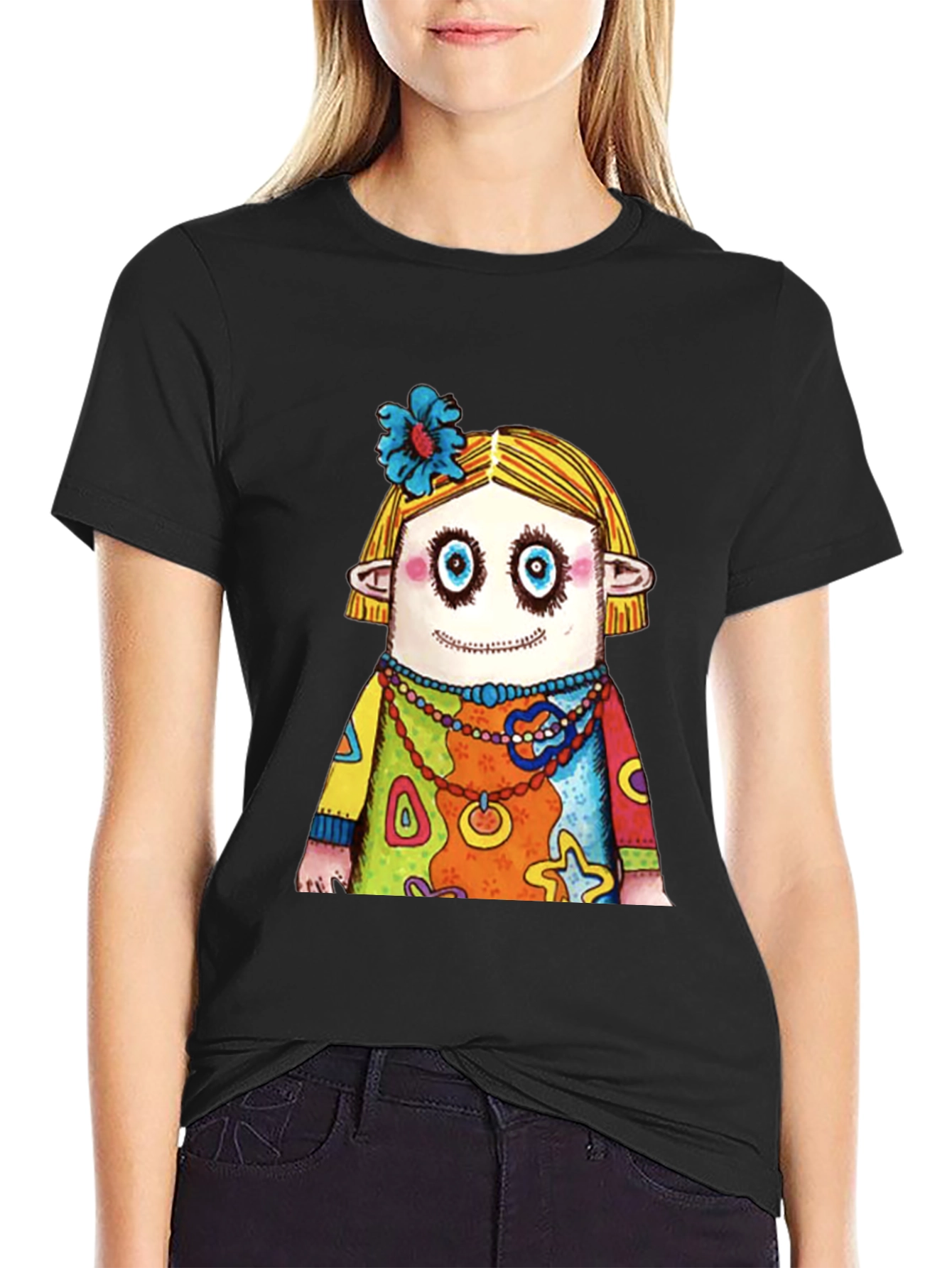 Quirky Cartoon Character Graphic Black T-Shirt