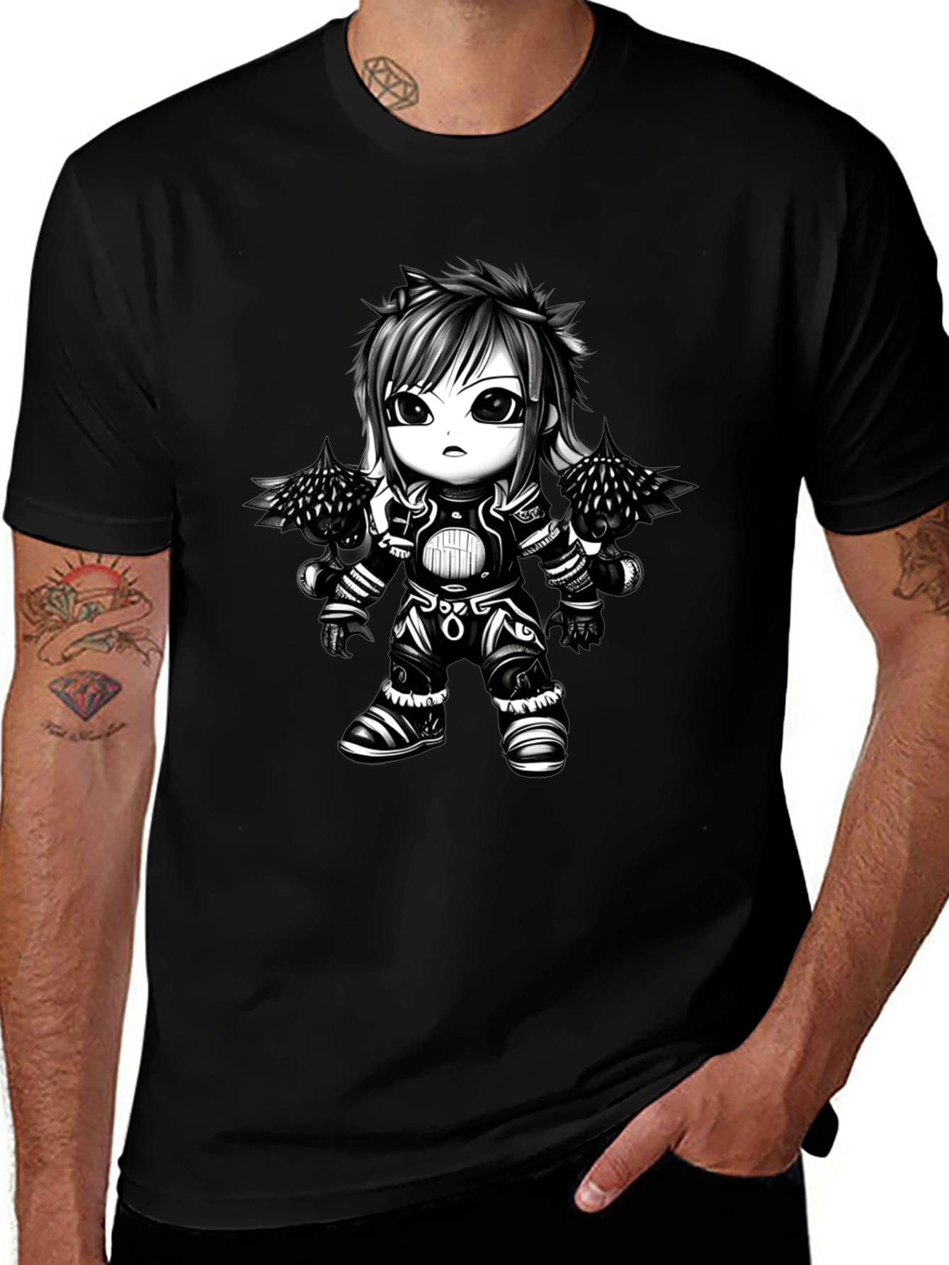Anime Warrior Graphic Tee - Black Cotton T-Shirt