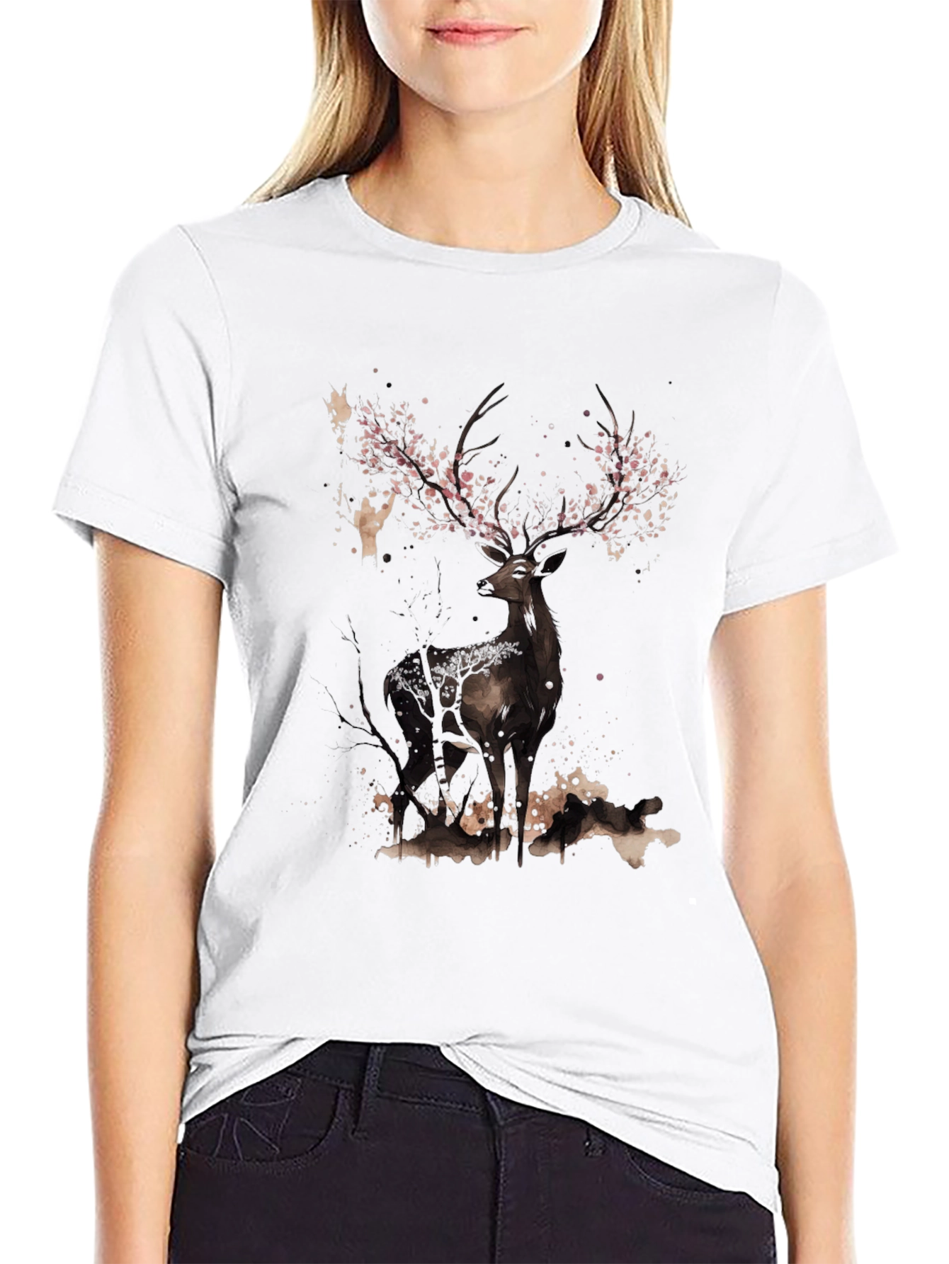 Deer With Floral Antlers Graphic Tee