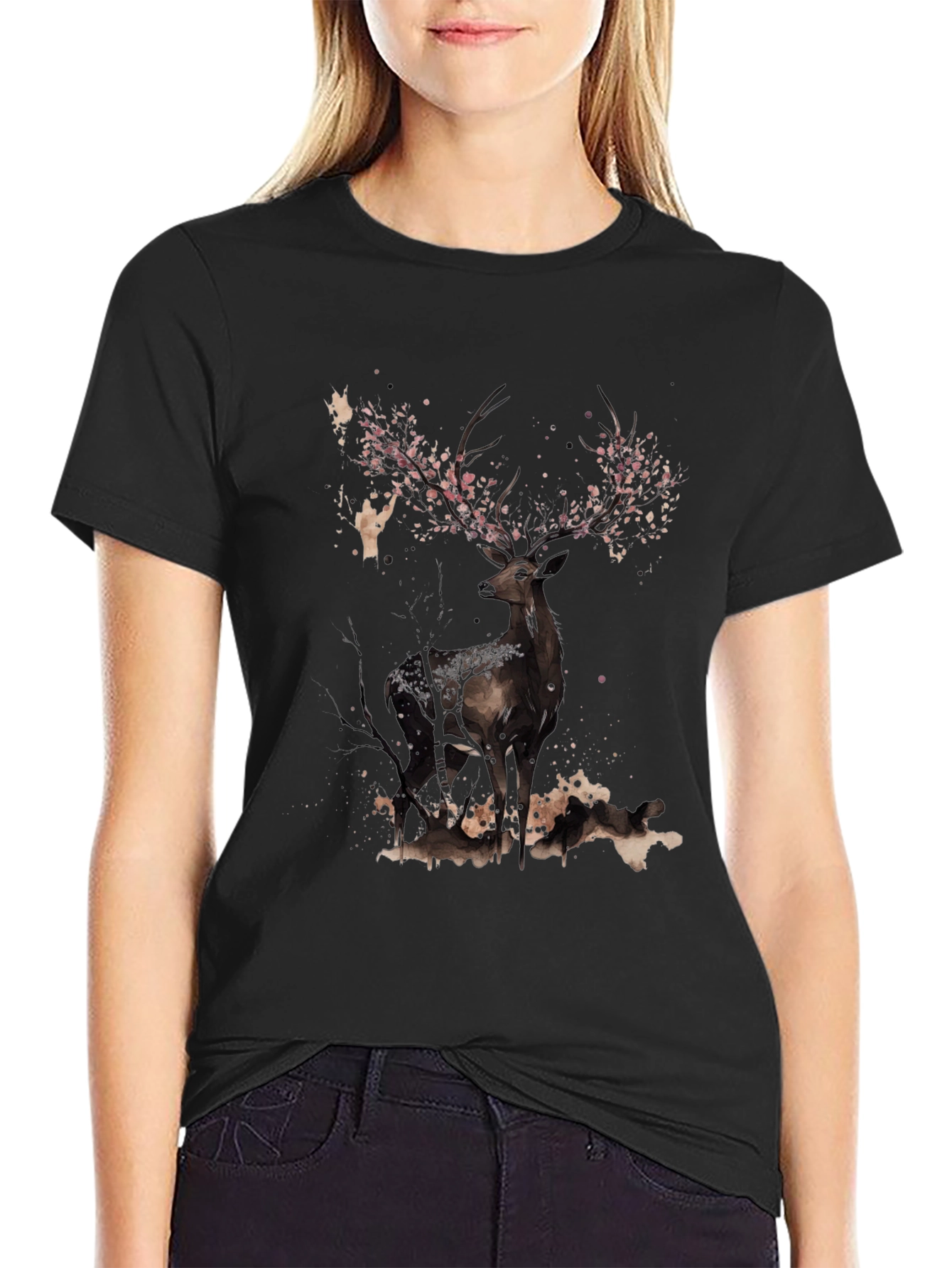 Deer With Floral Antlers Graphic Tee