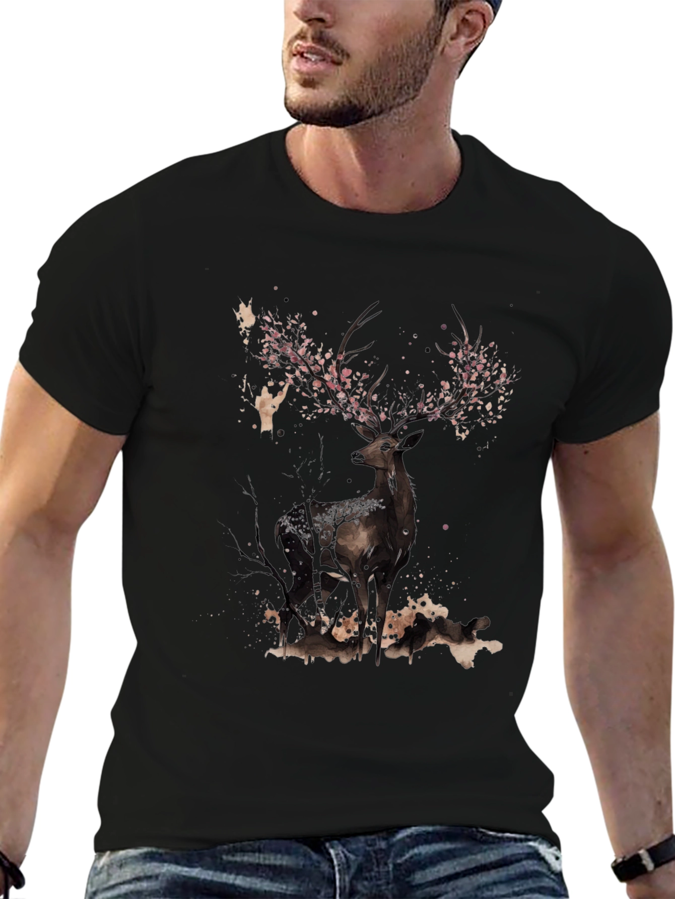 Deer With Floral Antlers Graphic Tee