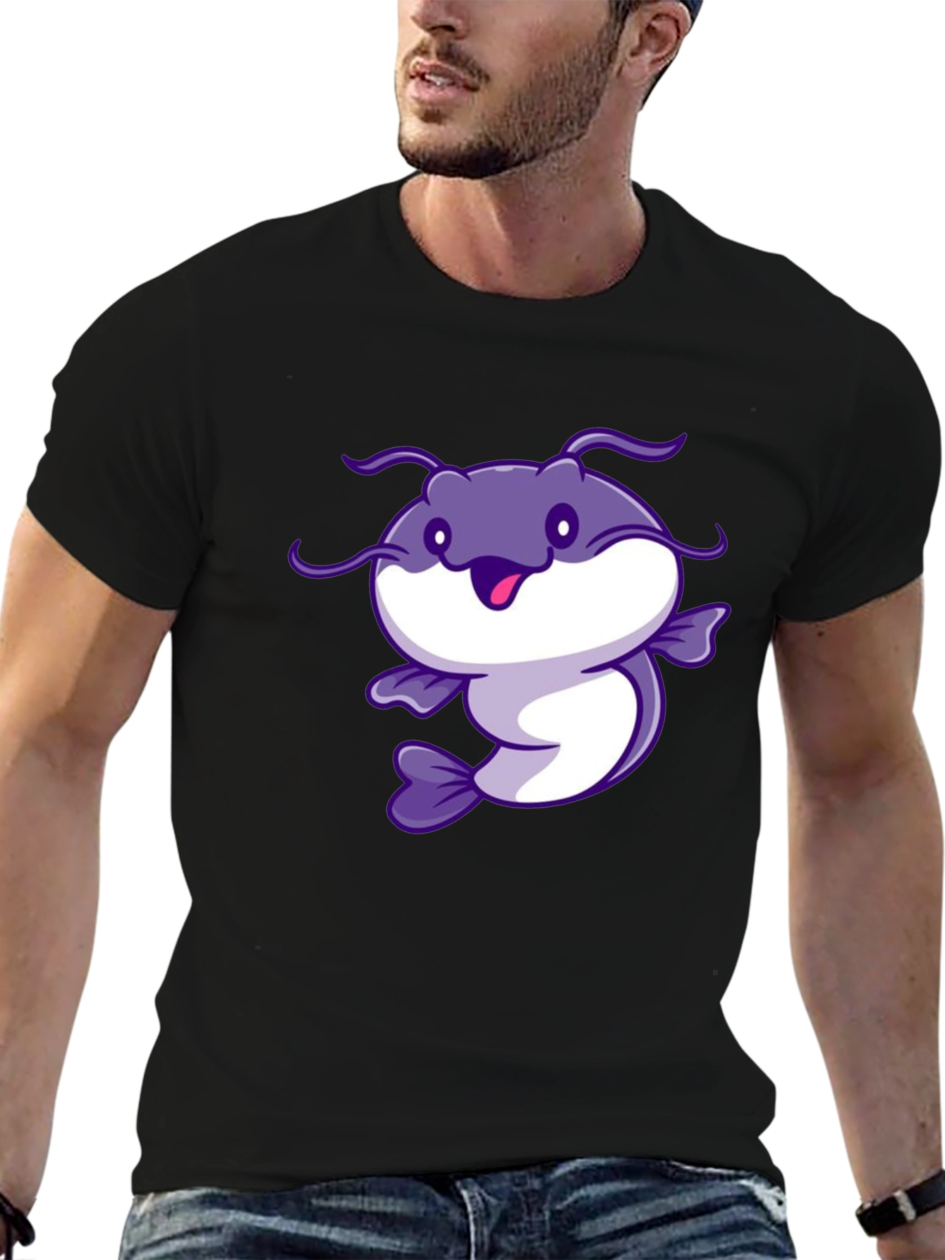 Cartoon Catfish Black T-Shirt