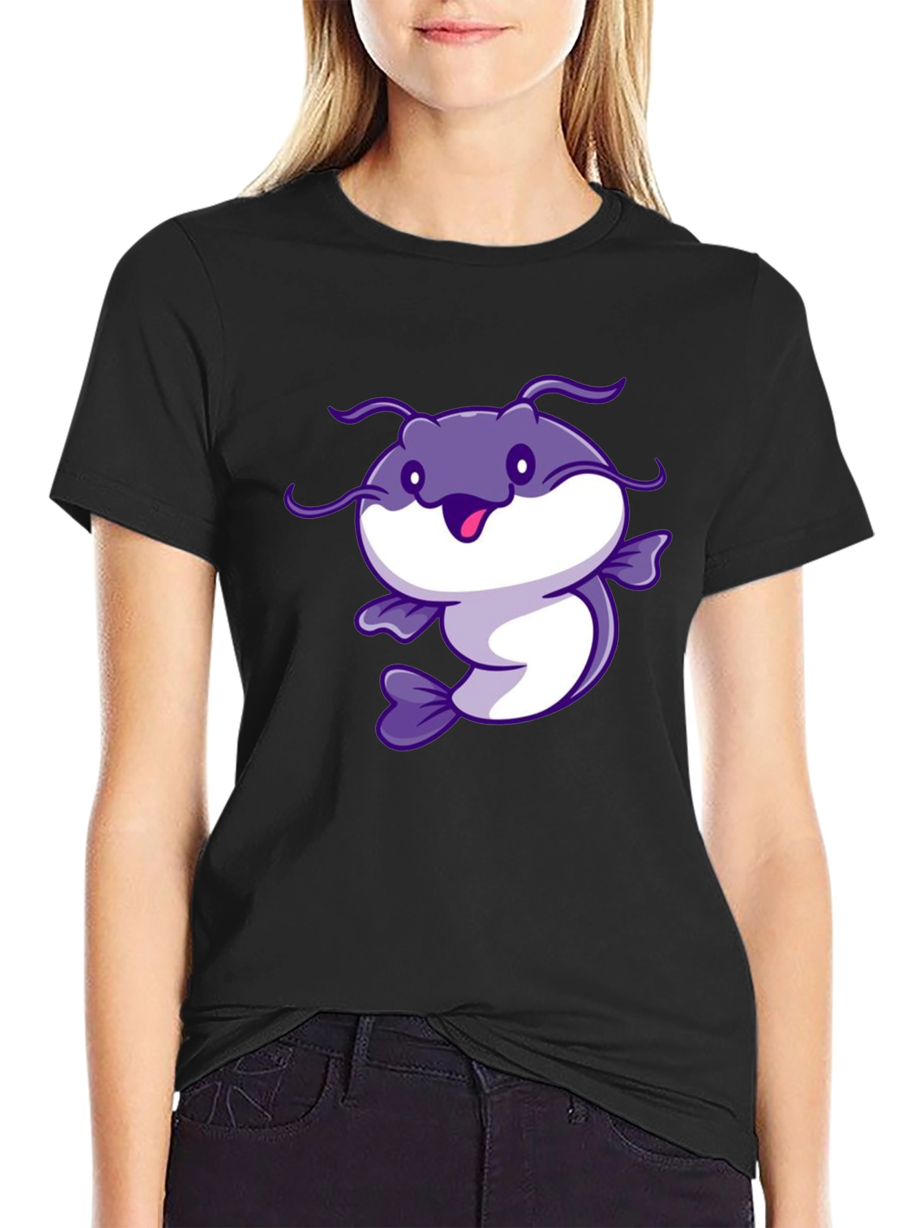 Cartoon Catfish Black T-Shirt