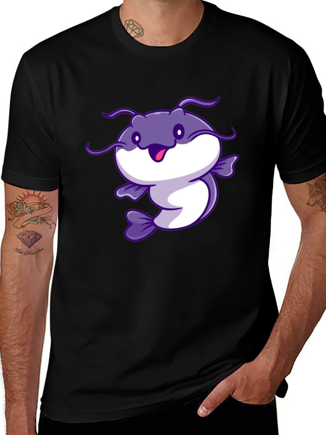 Cartoon Catfish Black T-Shirt