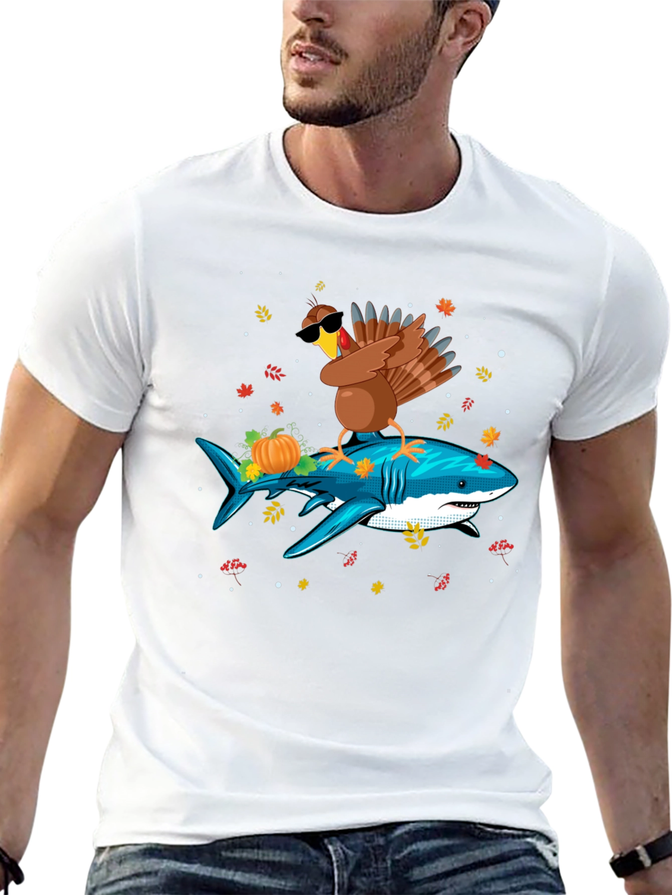 Turkey Riding Shark T-Shirt - Thanksgiving Novelty Tee