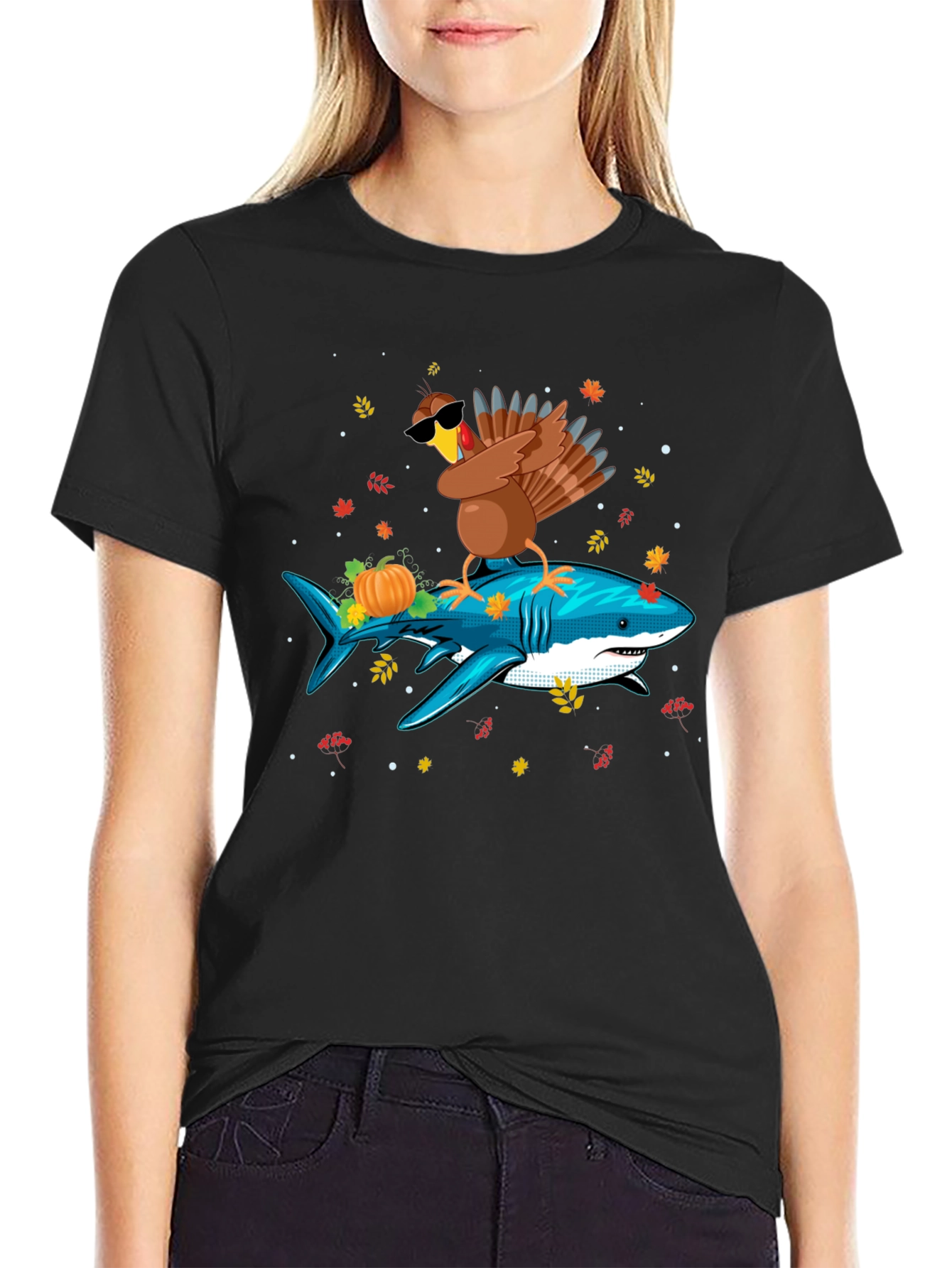 Turkey Riding Shark T-Shirt - Thanksgiving Novelty Tee