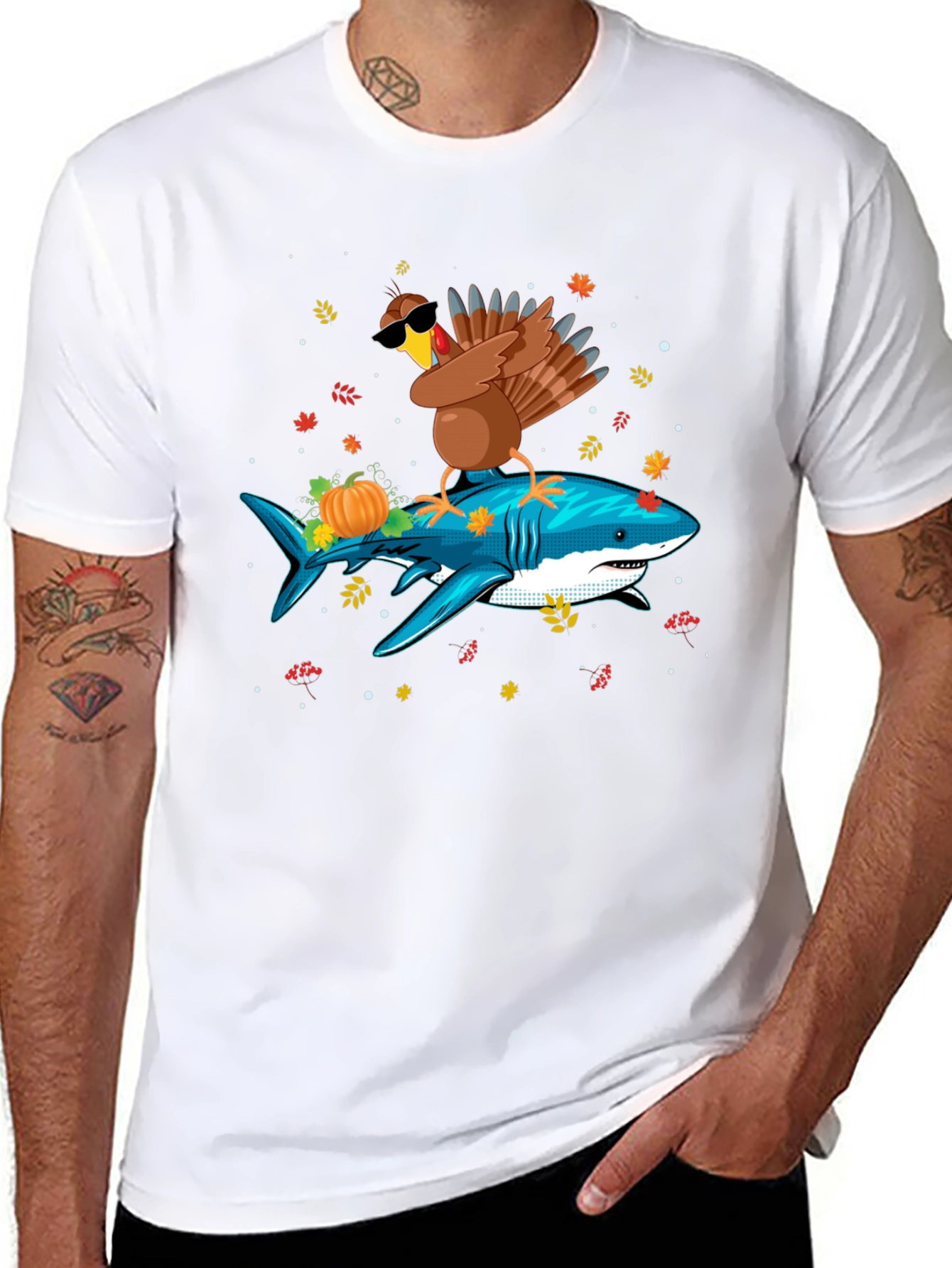 Turkey Riding Shark T-Shirt - Thanksgiving Novelty Tee