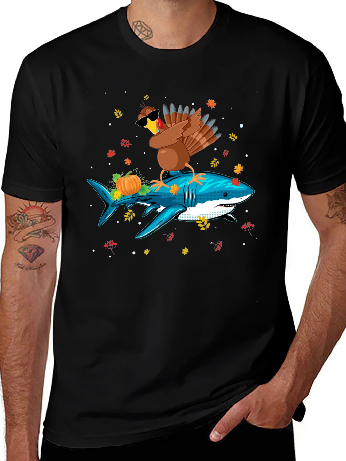 Turkey Riding Shark T-Shirt - Thanksgiving Novelty Tee