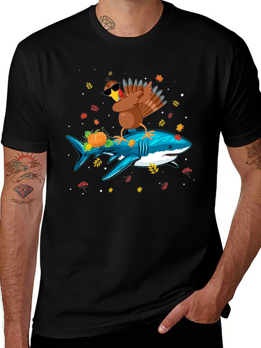 Turkey Riding Shark T-Shirt - Thanksgiving Novelty Tee