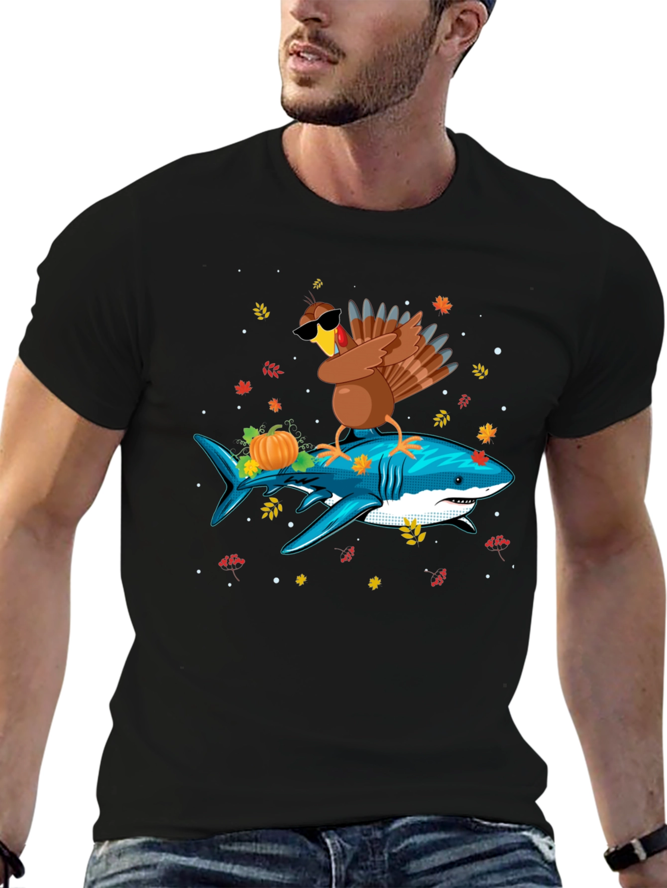 Turkey Riding Shark T-Shirt - Thanksgiving Novelty Tee