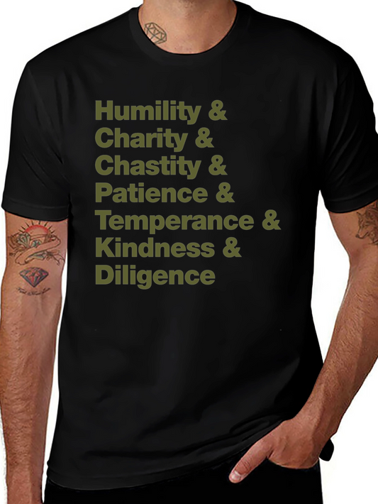 Virtues List T-Shirt - Humility Charity Chastity Patience