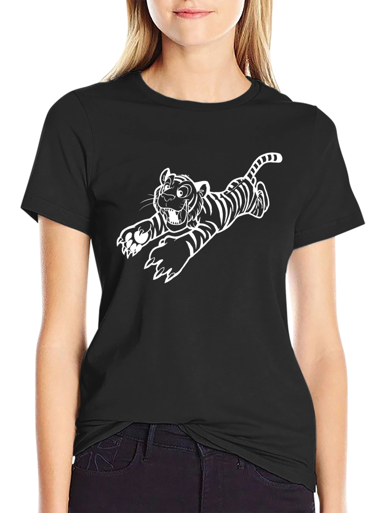 Black Cartoon Tiger Graphic Tee