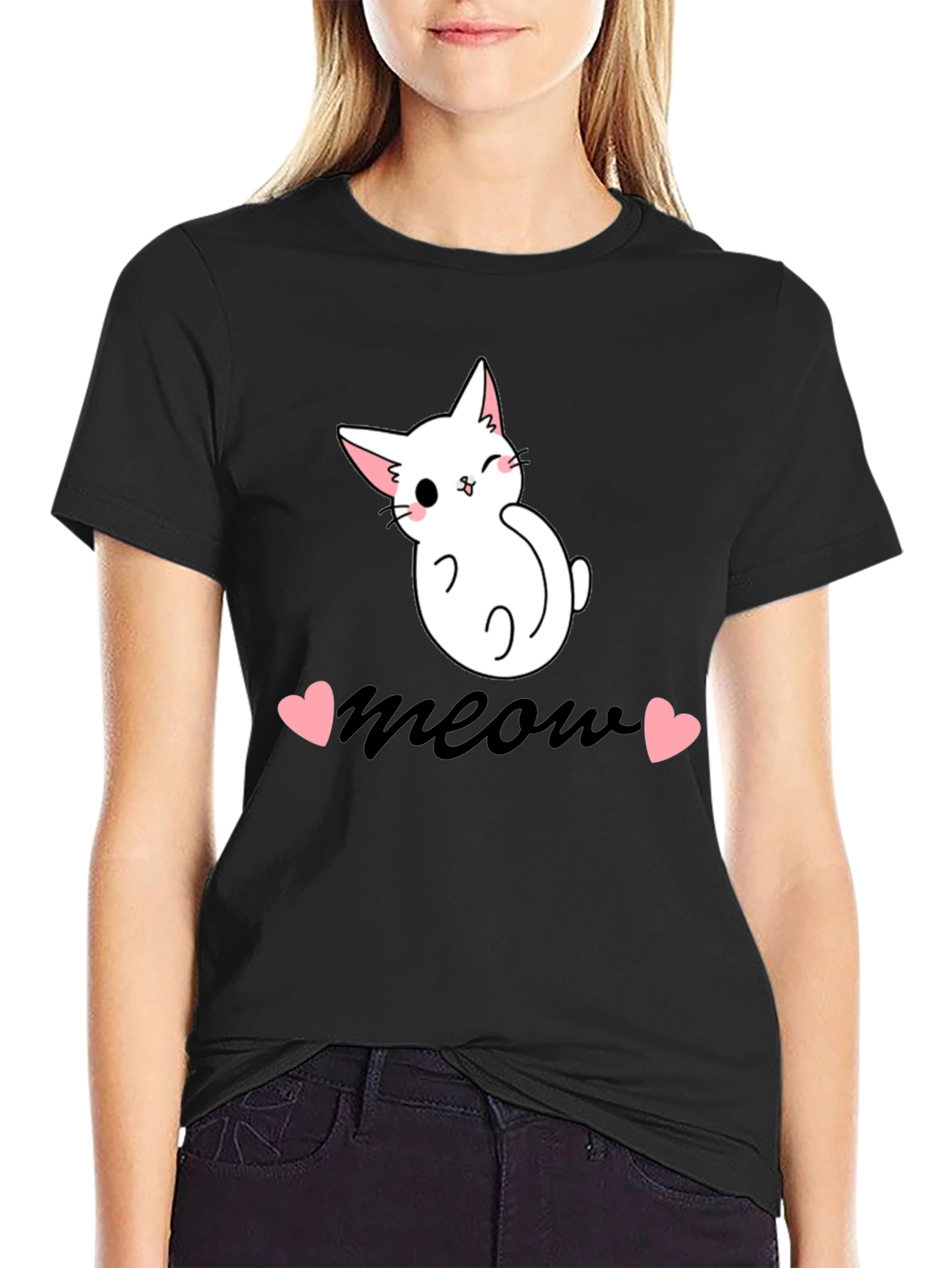 Cute Cat Meow Graphic Tee - Black Cotton T-Shirt
