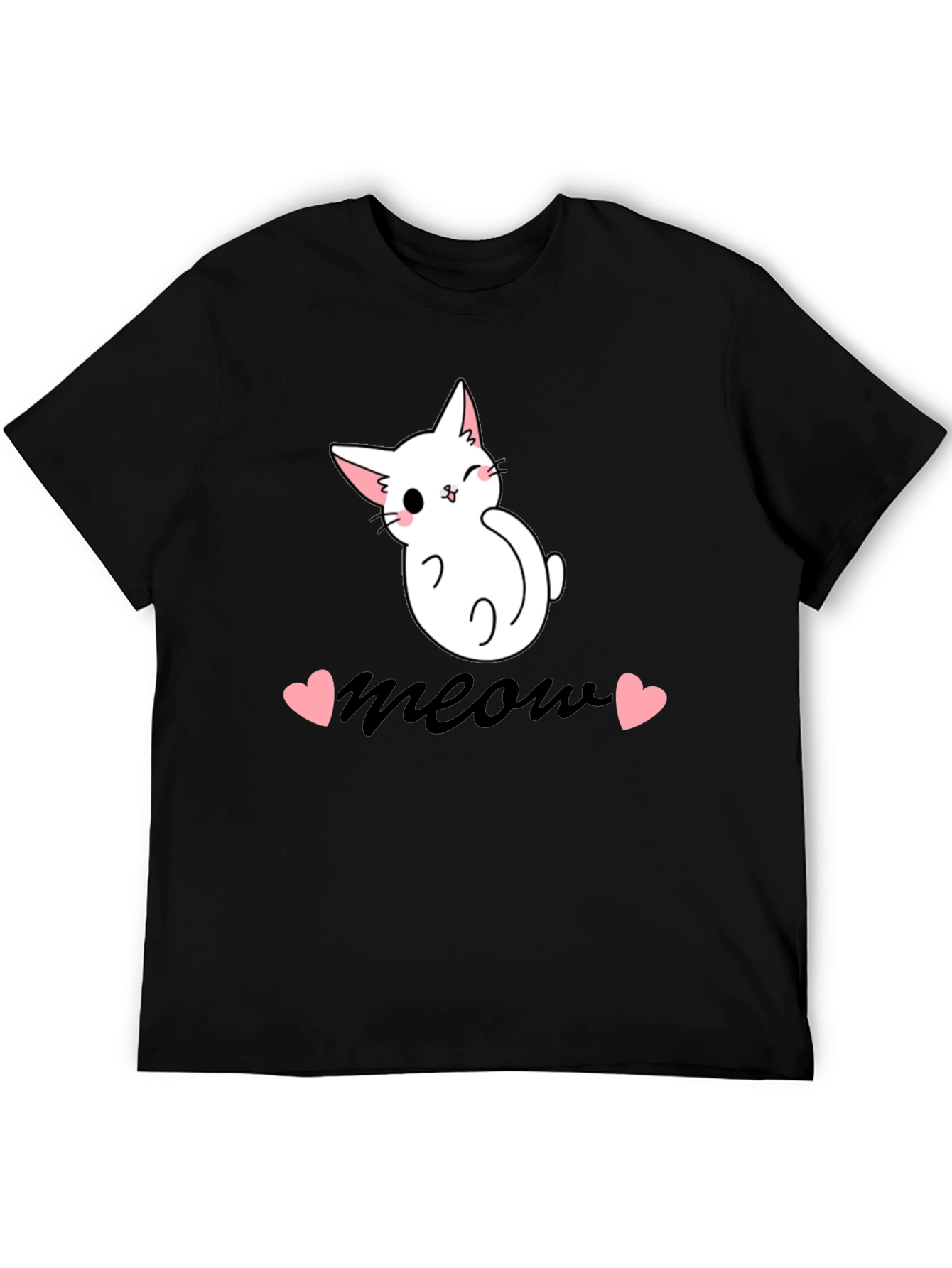 Cute Cat Meow Graphic Tee - Black Cotton T-Shirt