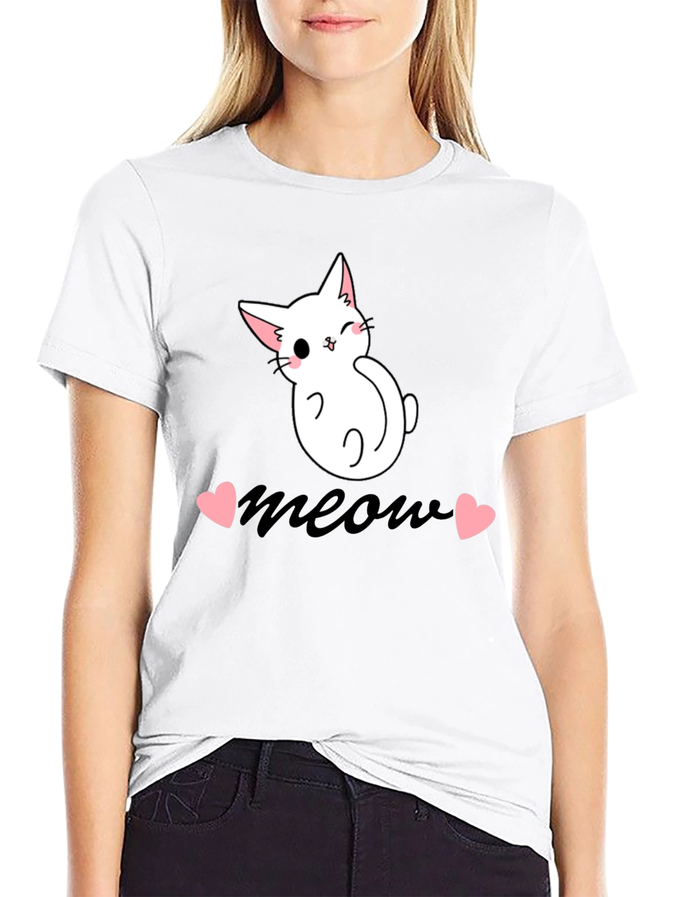 Cute Cat Meow Graphic Tee - Black Cotton T-Shirt