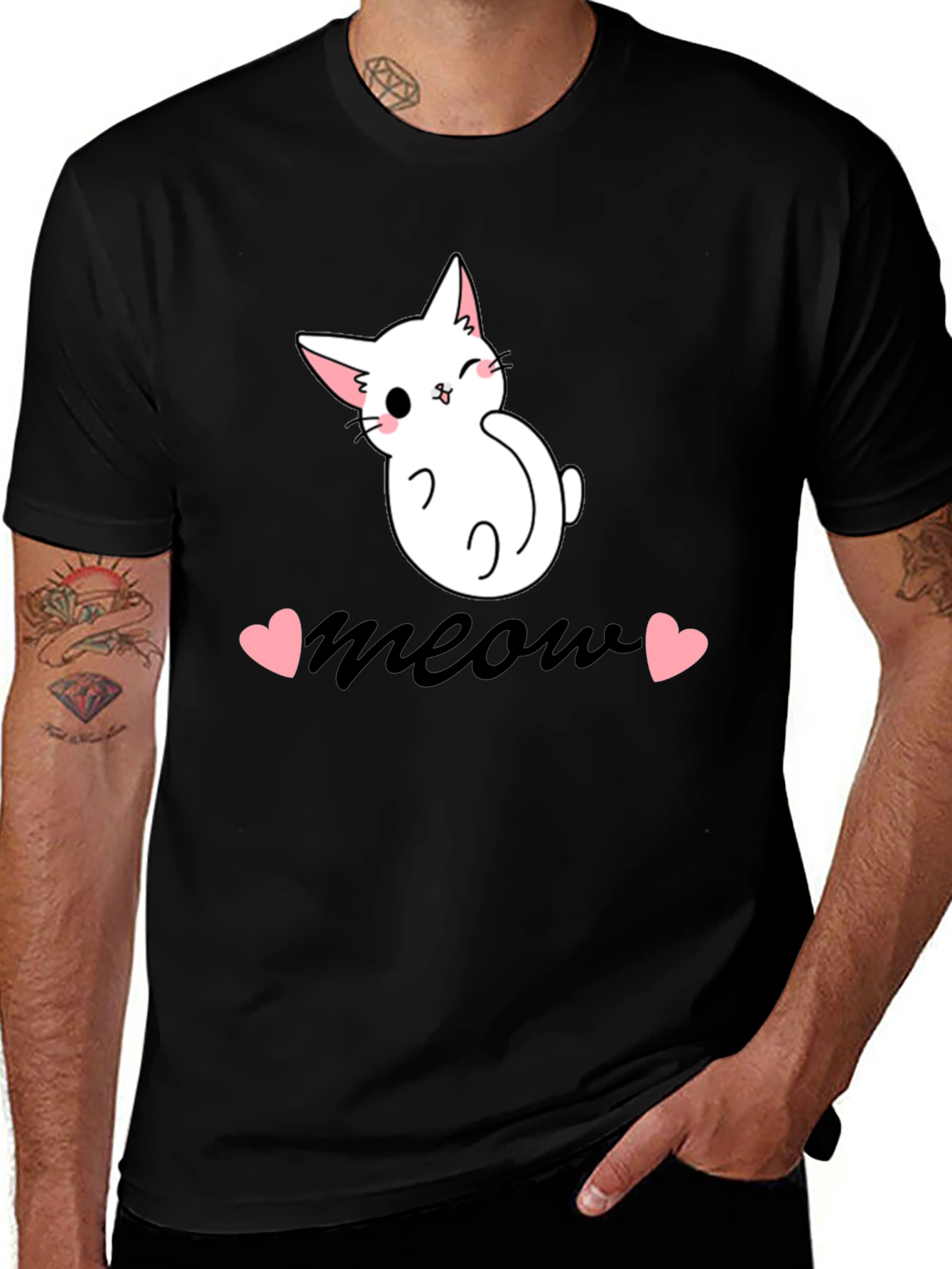 Cute Cat Meow Graphic Tee - Black Cotton T-Shirt