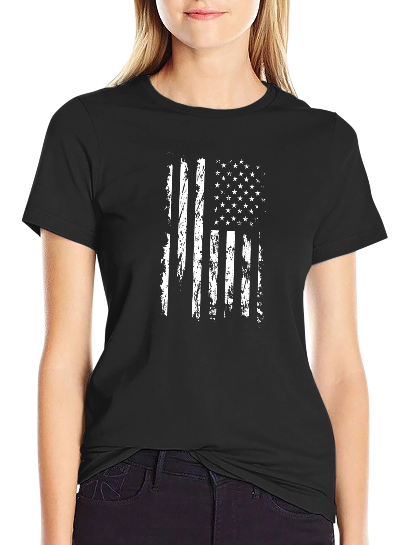 Distressed American Flag Graphic Tee - Patriotic Black T-Shirt