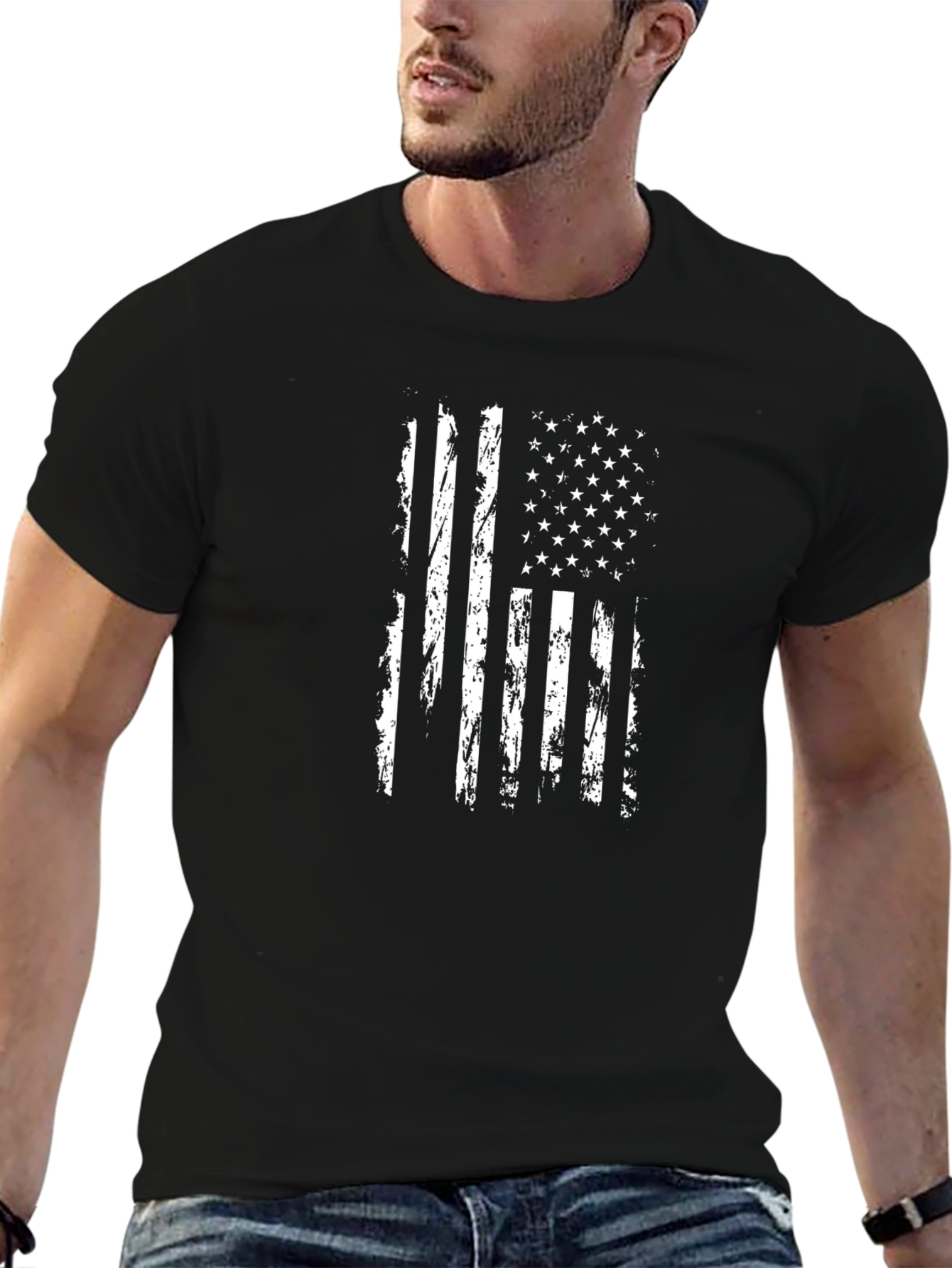 Distressed American Flag Graphic Tee - Patriotic Black T-Shirt