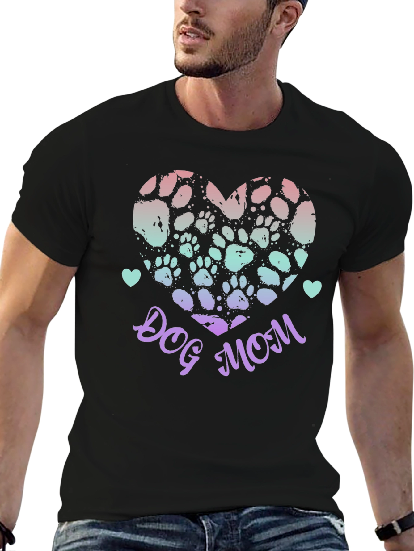 Dog Mom Paw Print Heart Graphic Tee - Black