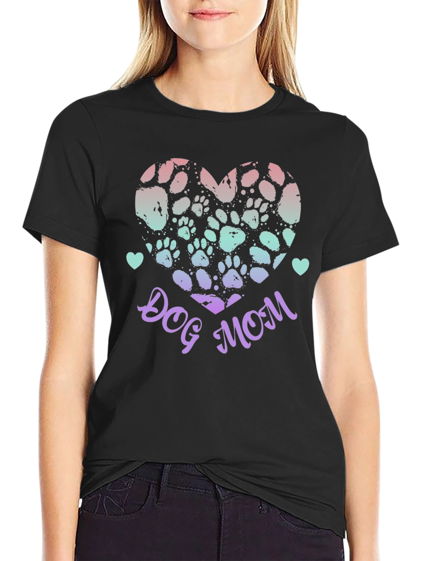Dog Mom Paw Print Heart Graphic Tee - Black