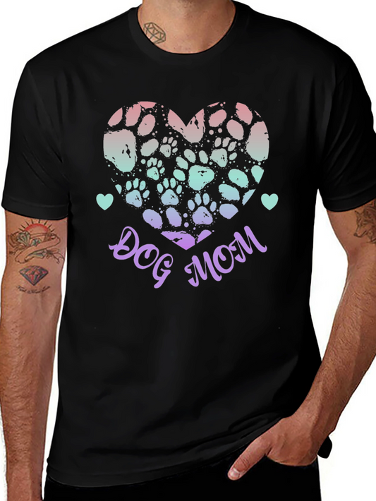 Dog Mom Paw Print Heart Graphic Tee - Black