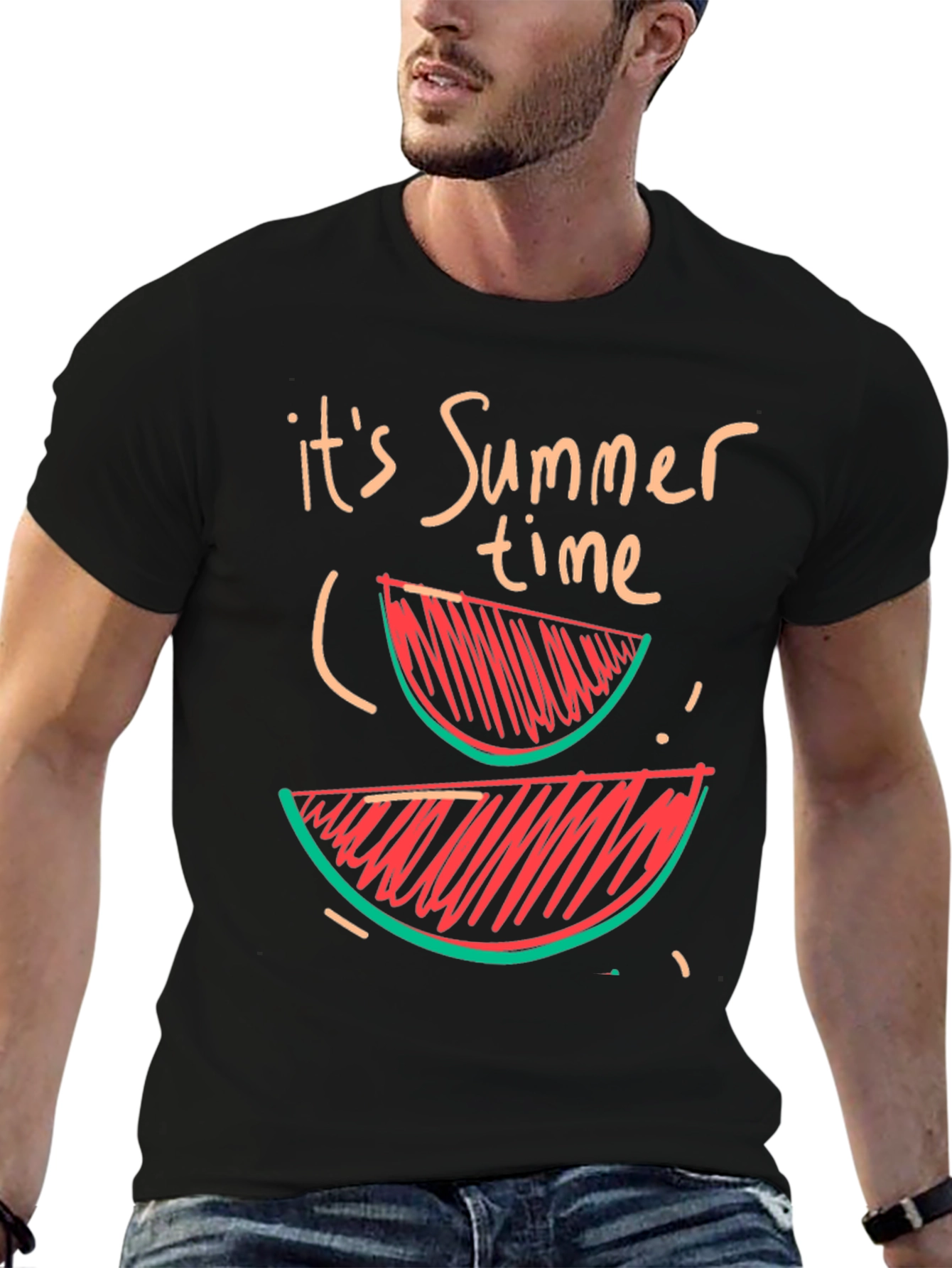 Summer Time Watermelon Graphic Tee - Casual Black T-Shirt