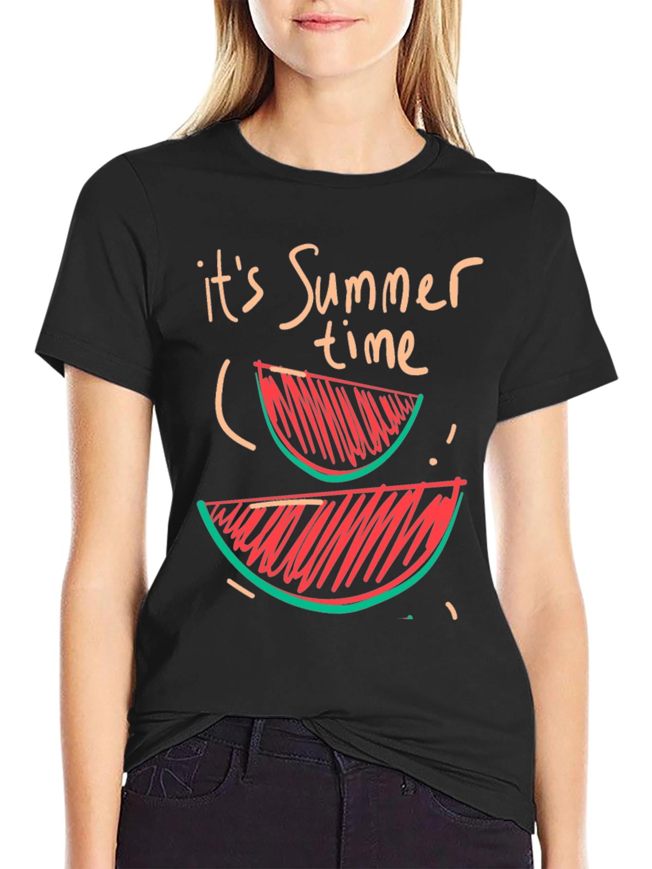 Summer Time Watermelon Graphic Tee - Casual Black T-Shirt