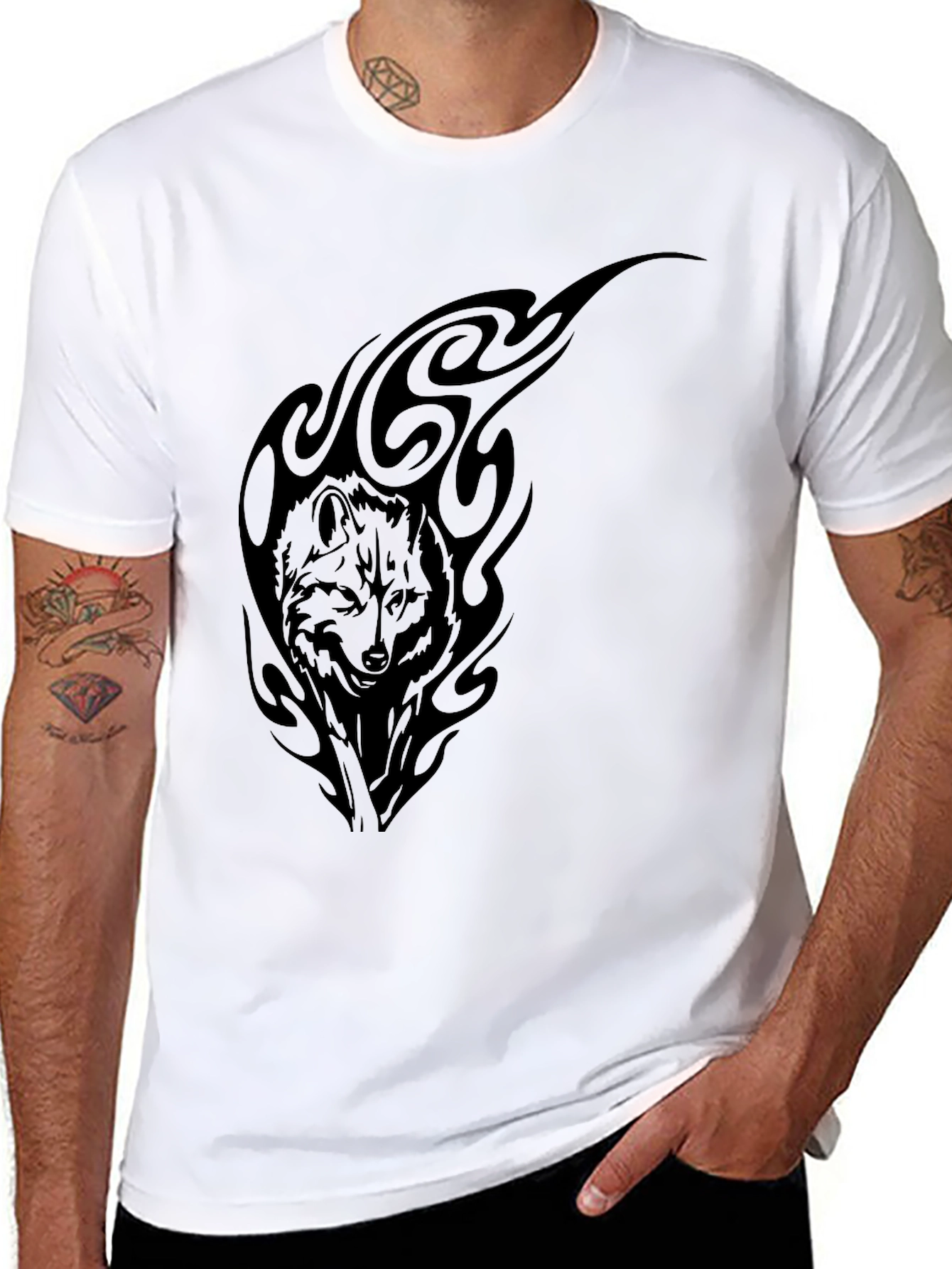 Wolf Tribal Graphic Tee - Black Cotton T-Shirt