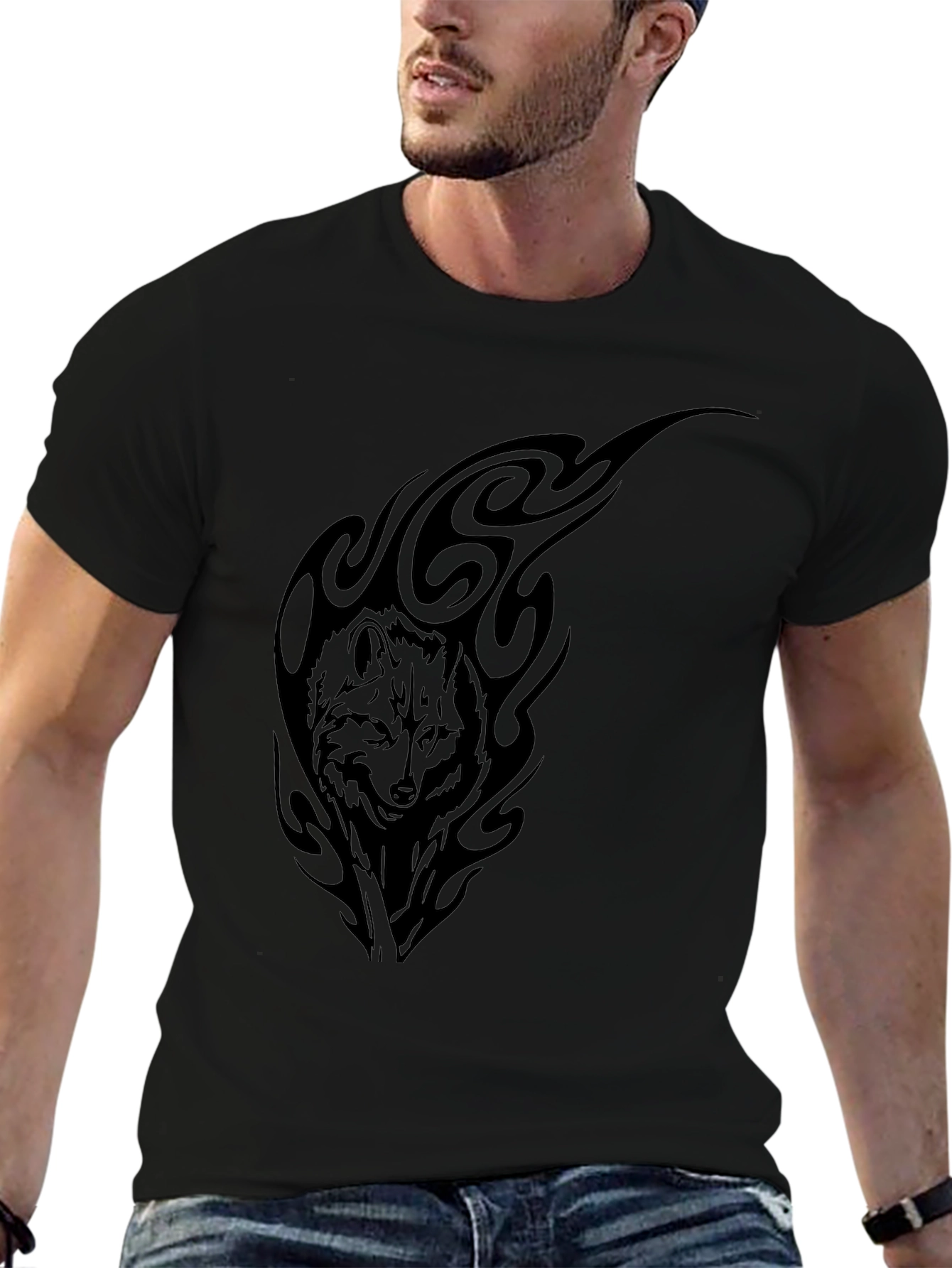 Wolf Tribal Graphic Tee - Black Cotton T-Shirt