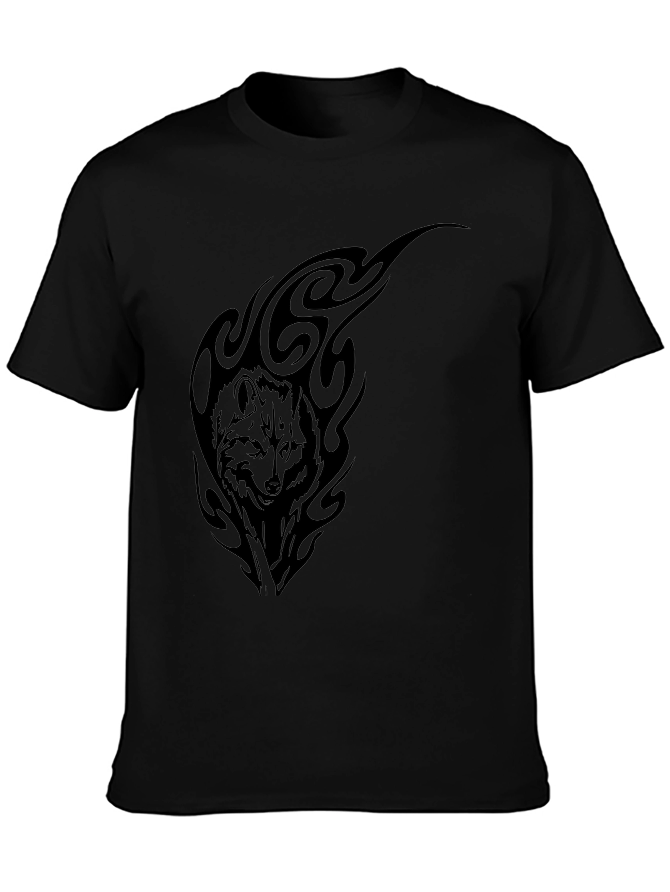 Wolf Tribal Graphic Tee - Black Cotton T-Shirt